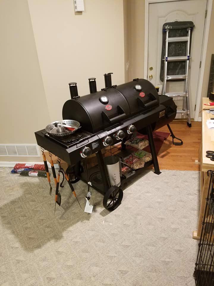 Char-Griller® Texas Trio 3-Burner Gas & Charcoal Grill and Smoker, Push Button to Ignite, Dual temperature Guages, Side Burner, Includes Side Firebox, 1,390 Cooking Square Inches, Black, Model# 3070 customer photo 1