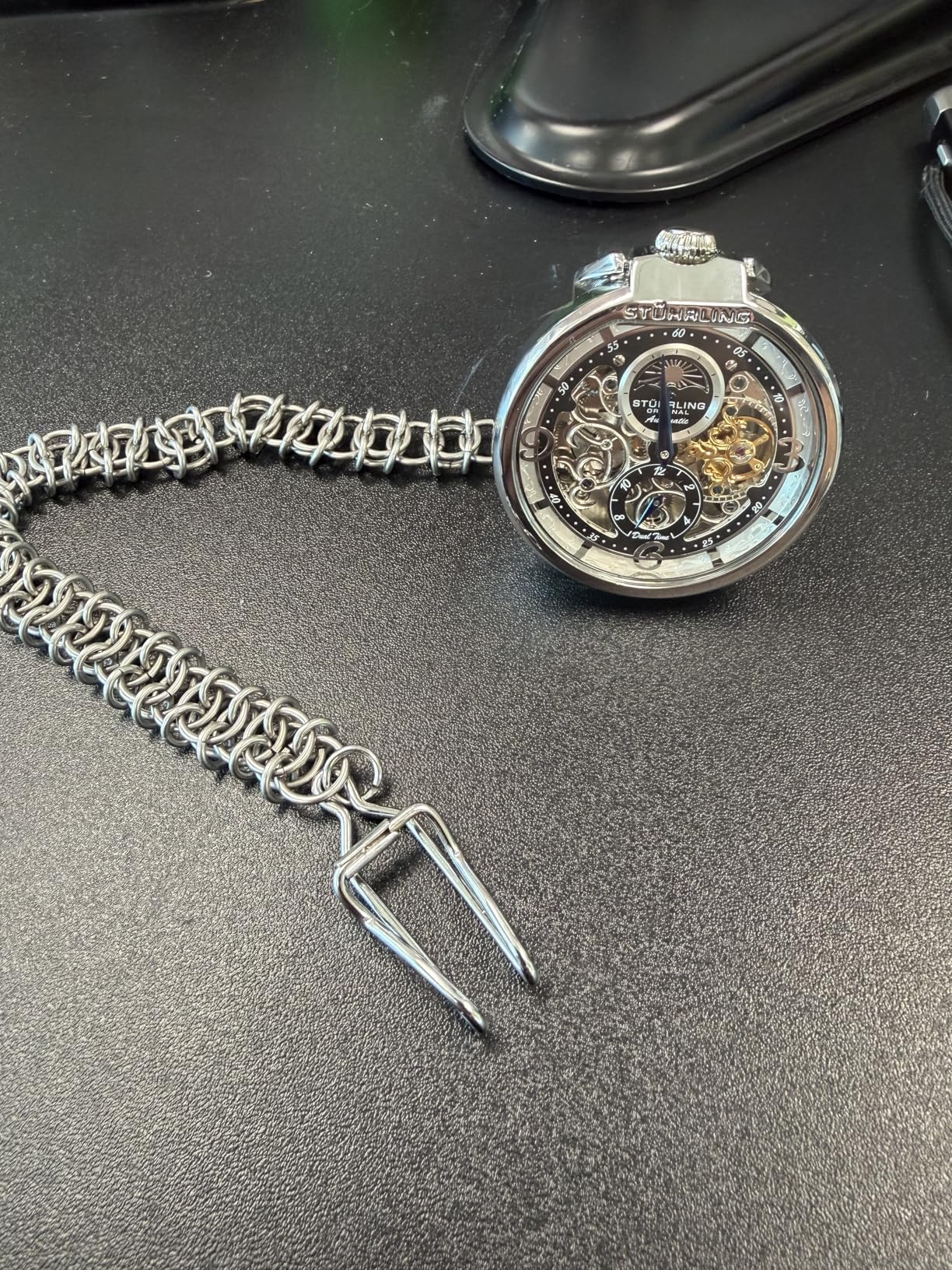 Stuhrling Original Mens Automatic Pocket Watch Skeleton Dial Mechanical Movement with Stainless Steel Chain - Dual Time AM/PM Sun Moon Subdial customer photo 1