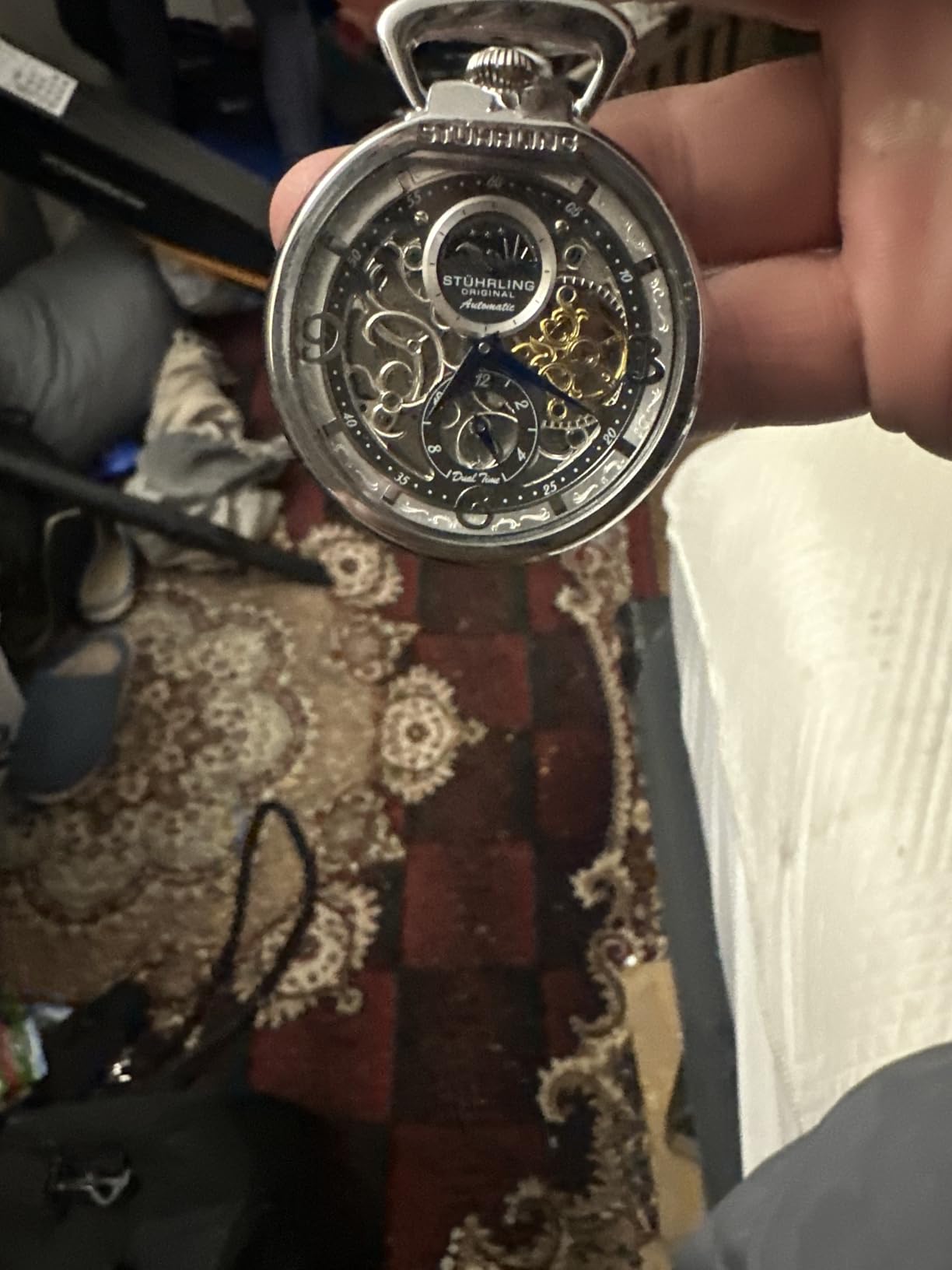 Stuhrling Original Mens Automatic Pocket Watch Skeleton Dial Mechanical Movement with Stainless Steel Chain - Dual Time AM/PM Sun Moon Subdial customer photo 2