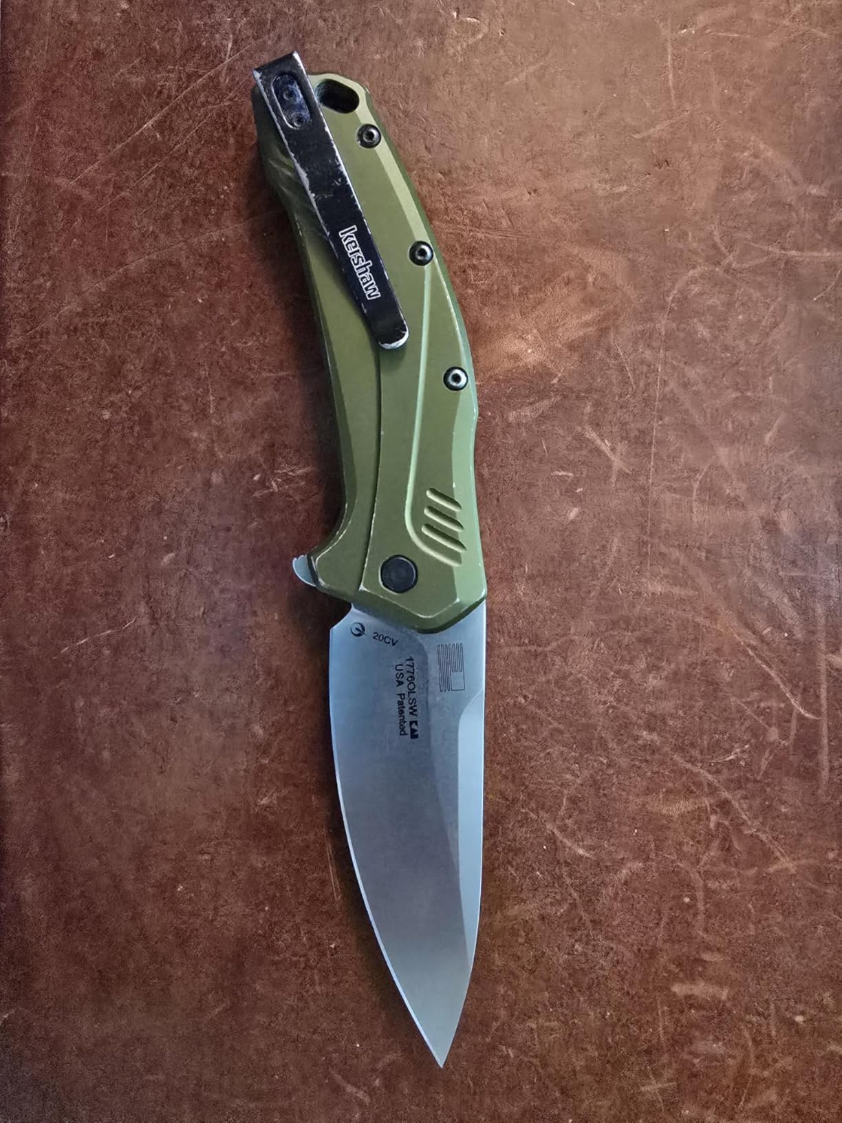 Kershaw Link Drop Point Knife Olive Aluminum (3.25in Stonewash 20CV) 1776OLSW customer photo 2