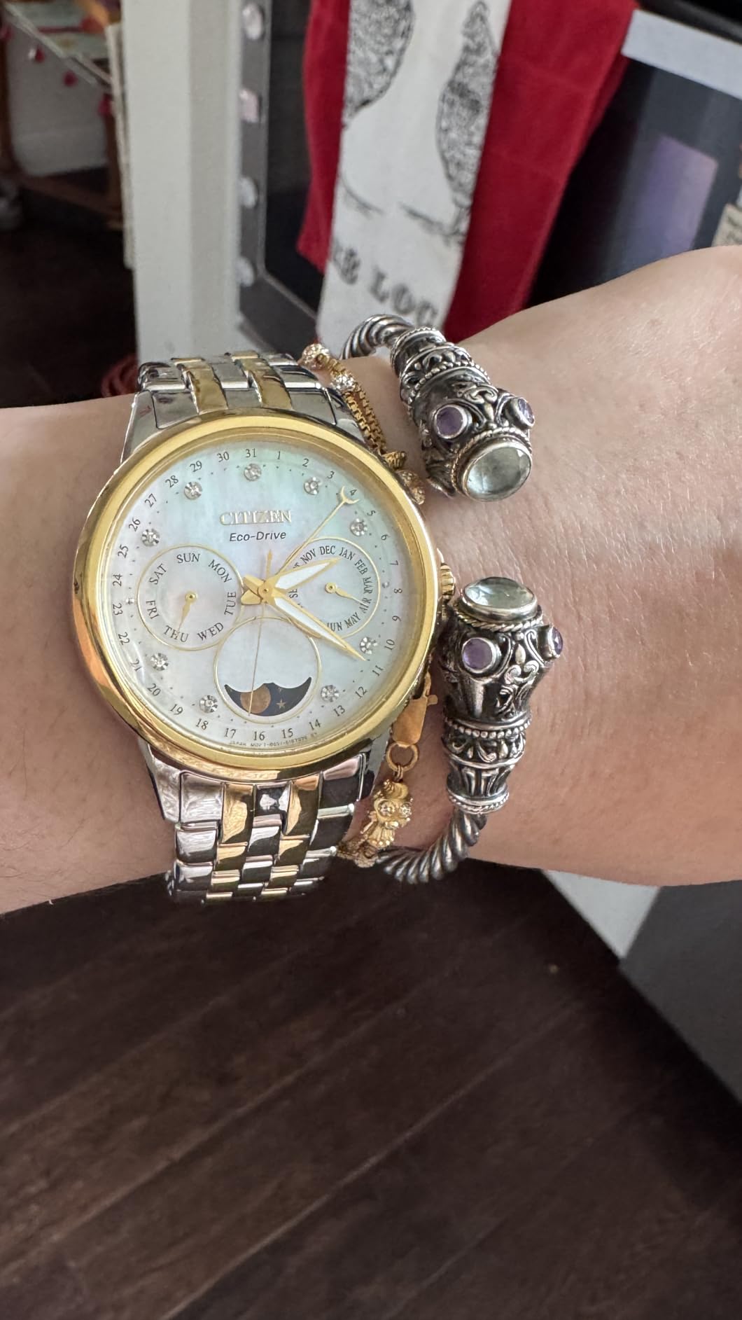 Women's Eco-Drive Calendrier, Moon Phase Diamond Accents Dial, Stainless Case and Bracelet Watch, Month/Day/Date customer photo 2