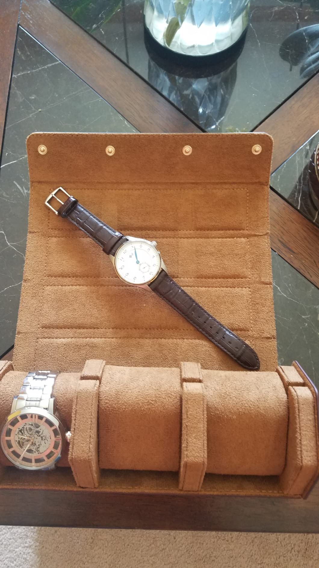 QWATCHBANDS Napa Leather Watch Rolls for Men - Hexagon Triple Watch Roll Travel Case for 3 Watches - Storage Organizer Genuine Leather with Velvet Interior Display (Brown/Gray) customer photo 1