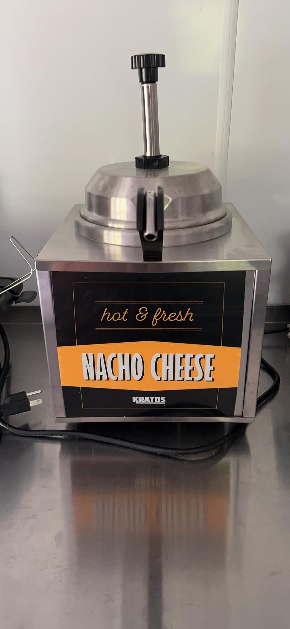 Kratos Commercial Hot Topping Dispenser with Heated Spout. 3.5 Quart Capacity - Accepts #10 Cans. Countertop Stainless Steel Warmer & Dispenser for Cheese, Hot Fudge, Caramel Sauce. 120V (29M-008) customer photo 1