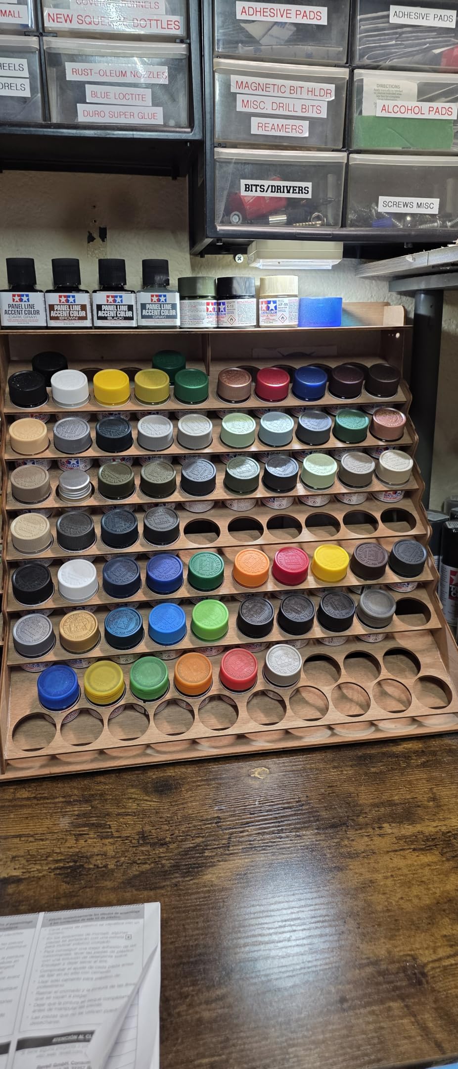 Plydolex Plywood Storage Rack - 105 Bottle Holes for 17 ml Vallejo Paints, 14 Paintbrush Slots, 6 Miniature Stands, 2 Drawers customer photo 1