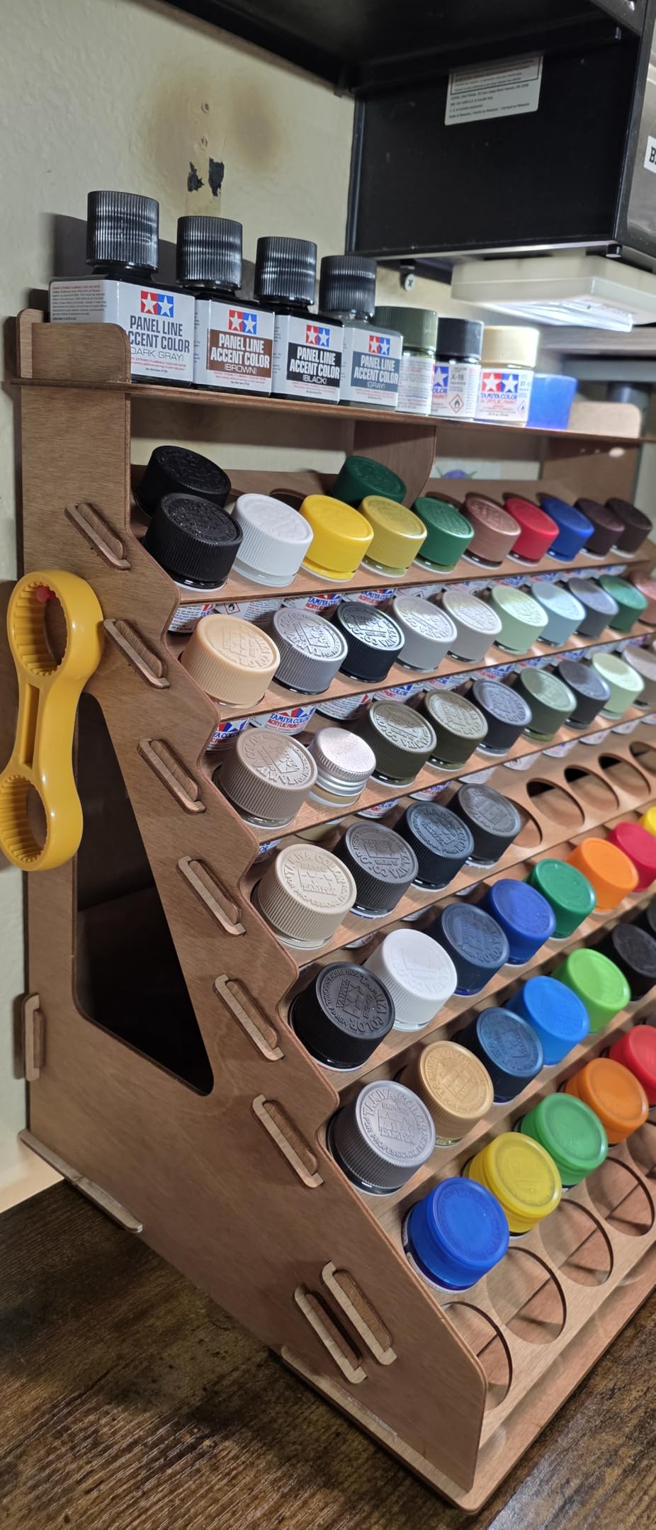 Plydolex Plywood Storage Rack - 105 Bottle Holes for 17 ml Vallejo Paints, 14 Paintbrush Slots, 6 Miniature Stands, 2 Drawers customer photo 2