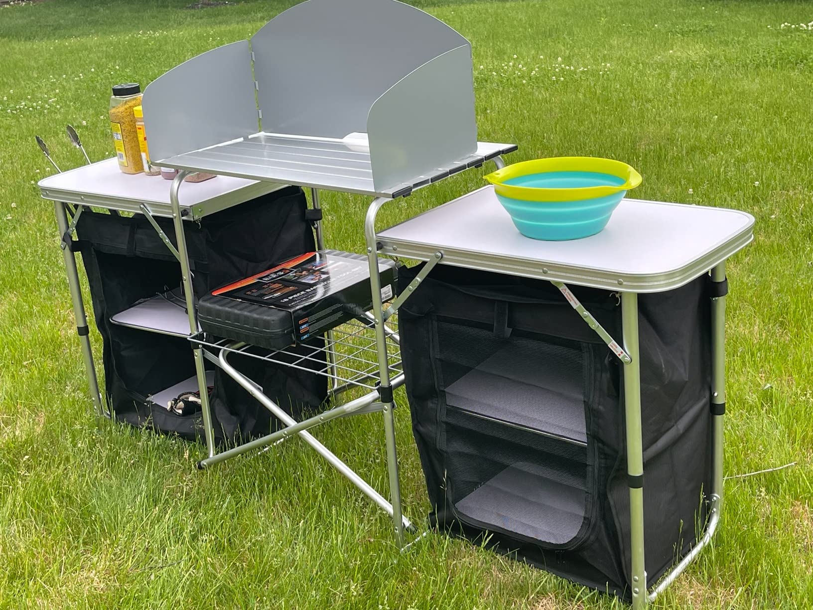 Goplus Folding Camping Kitchen Table with Storage, Aluminum Portable Outdoor Cooking Table with Windscreen, Foldable Camp Table Cook Station for BBQ, Grill, Party, Picnics customer photo 2
