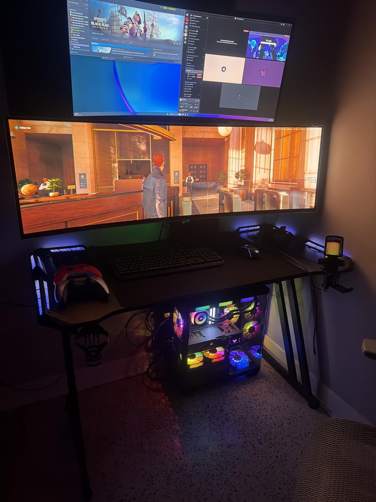 HLDIRECT 47 Inch Gaming Desk with LED Lights, Large RGB Computer Gaming Desk Table with Cup Holder Headphone Hook Mouse Pad, Ergonomic Modern Carbon Fiber Mesa Gamer Pc Work Home Office Desks, Black customer photo 1