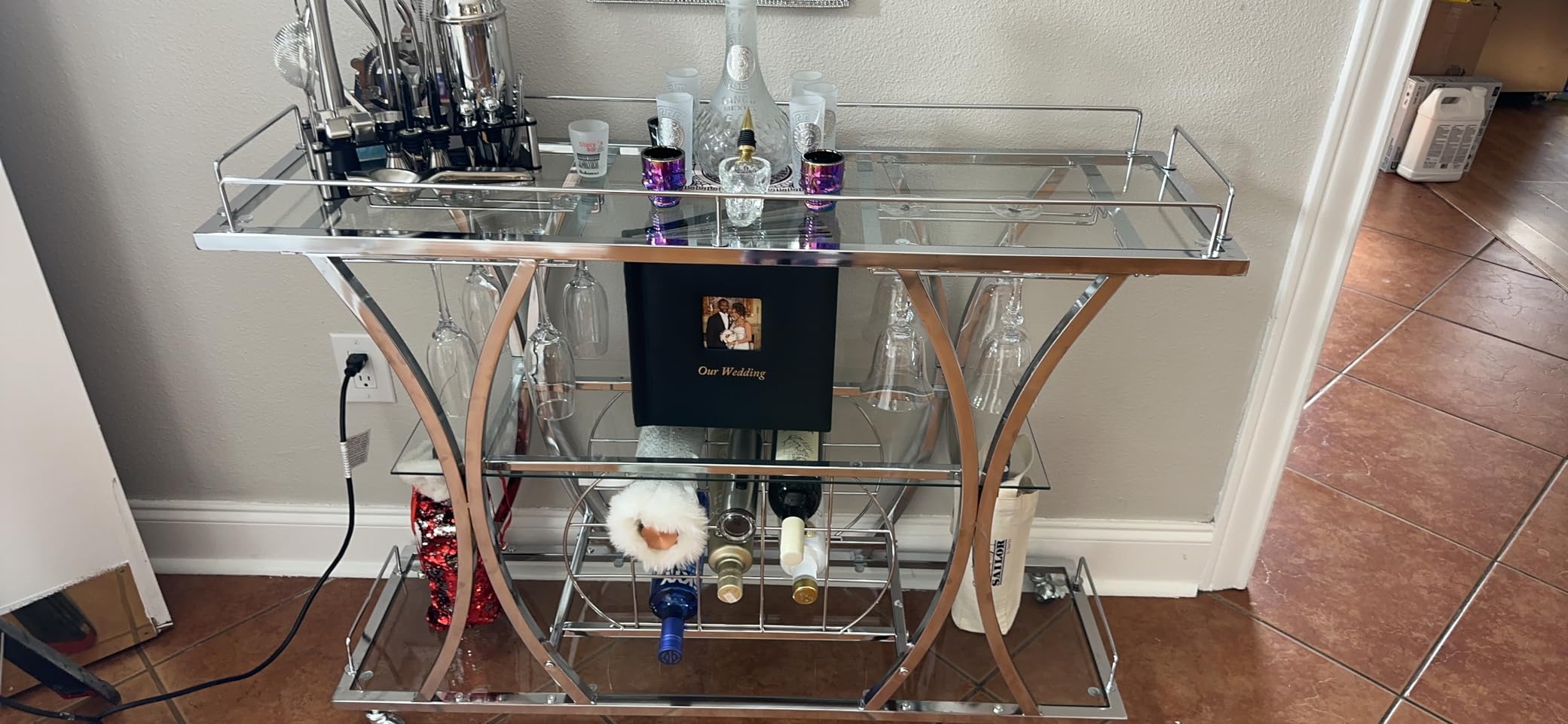 Silver Bar Carts with Glass Holders & Wine Rack, 3 Tier Home Bar Serving Carts with Glass Shelves, Metal Rolling Bar Carts for The Home Kitchen, Party customer photo 1