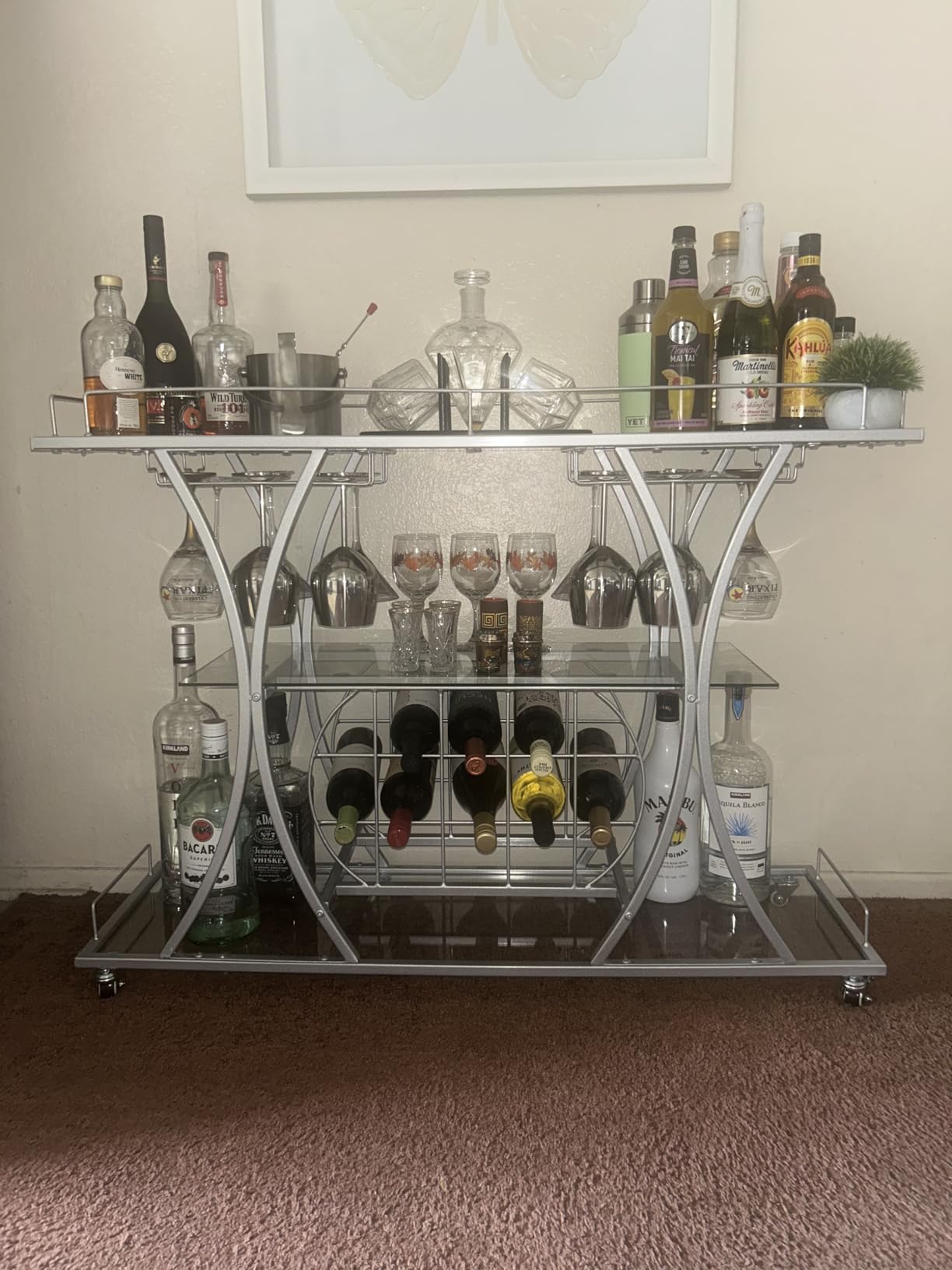 Silver Bar Carts with Glass Holders & Wine Rack, 3 Tier Home Bar Serving Carts with Glass Shelves, Metal Rolling Bar Carts for The Home Kitchen, Party customer photo 2