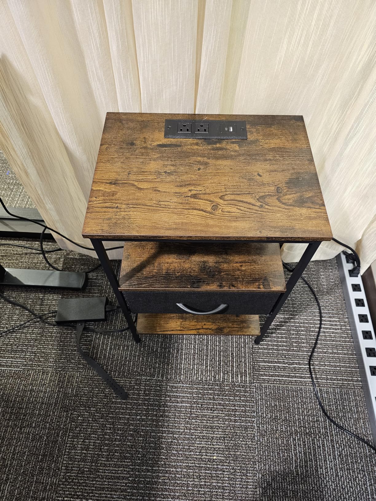 SUPERJARE Nightstand with Charging Station, USB-C Port, Bedside Table | Night Stand for Bedroom, with Adjustable Fabric Drawer, 3-Tier Storage End Table, for Living Room, Rustic Brown & Black customer photo 2
