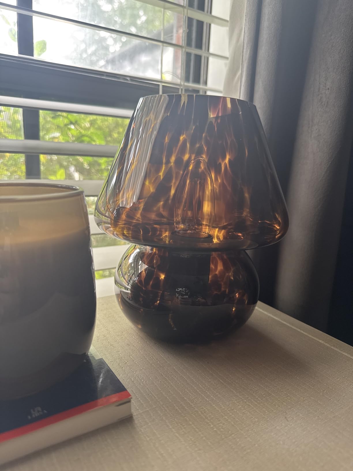 ONEWISH Mushroom Lamp Small Vintage Table Lamp for Bedroom Nightstand, Bedside Lamp Translucent Glass Stepless Dimmable, Murano Aesthetic Home Decor for Living Room Kitchen(Black) customer photo 2