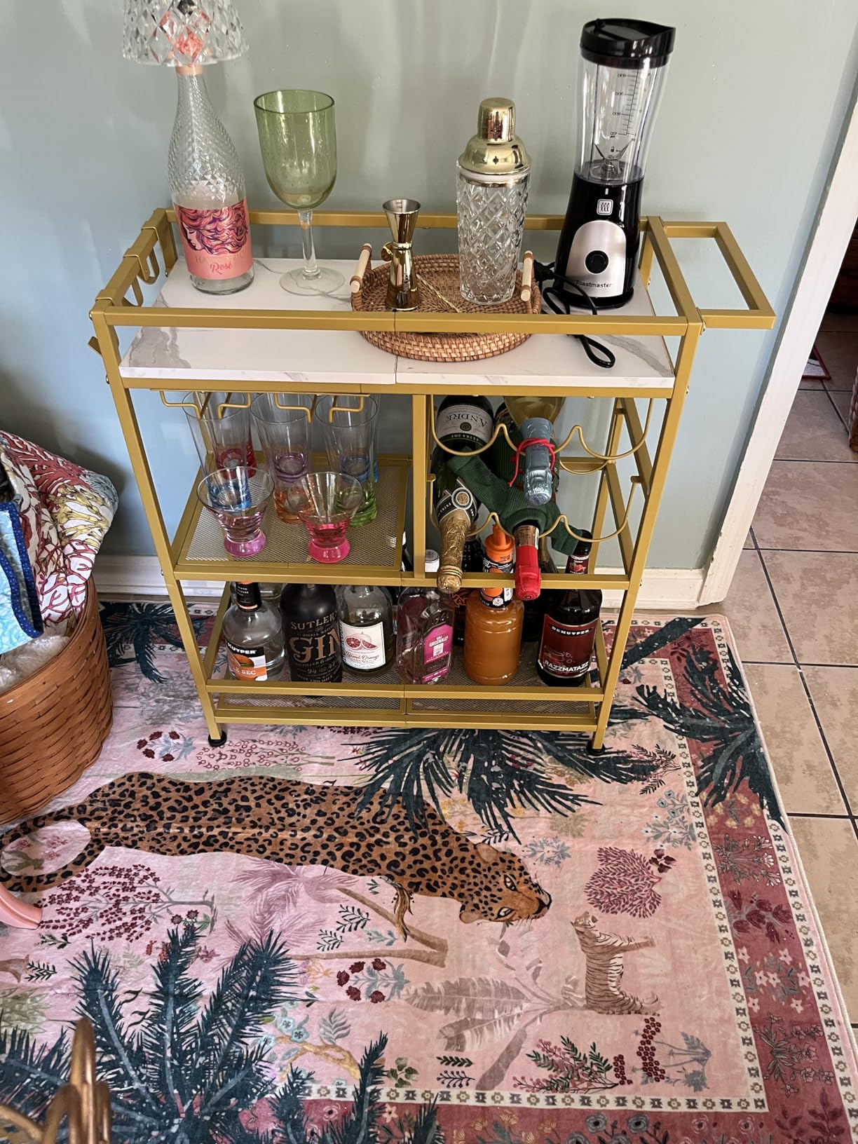 MAHANCRIS Bar Cart for Home, 3-Tier Serving Cart with Wheels and Handle, Beverage Cart with Wine Rack and Glass Holders, Rolling Wine Cart for Kitchen, Dining Room, Rustic Brown RCHR6101 customer photo 2
