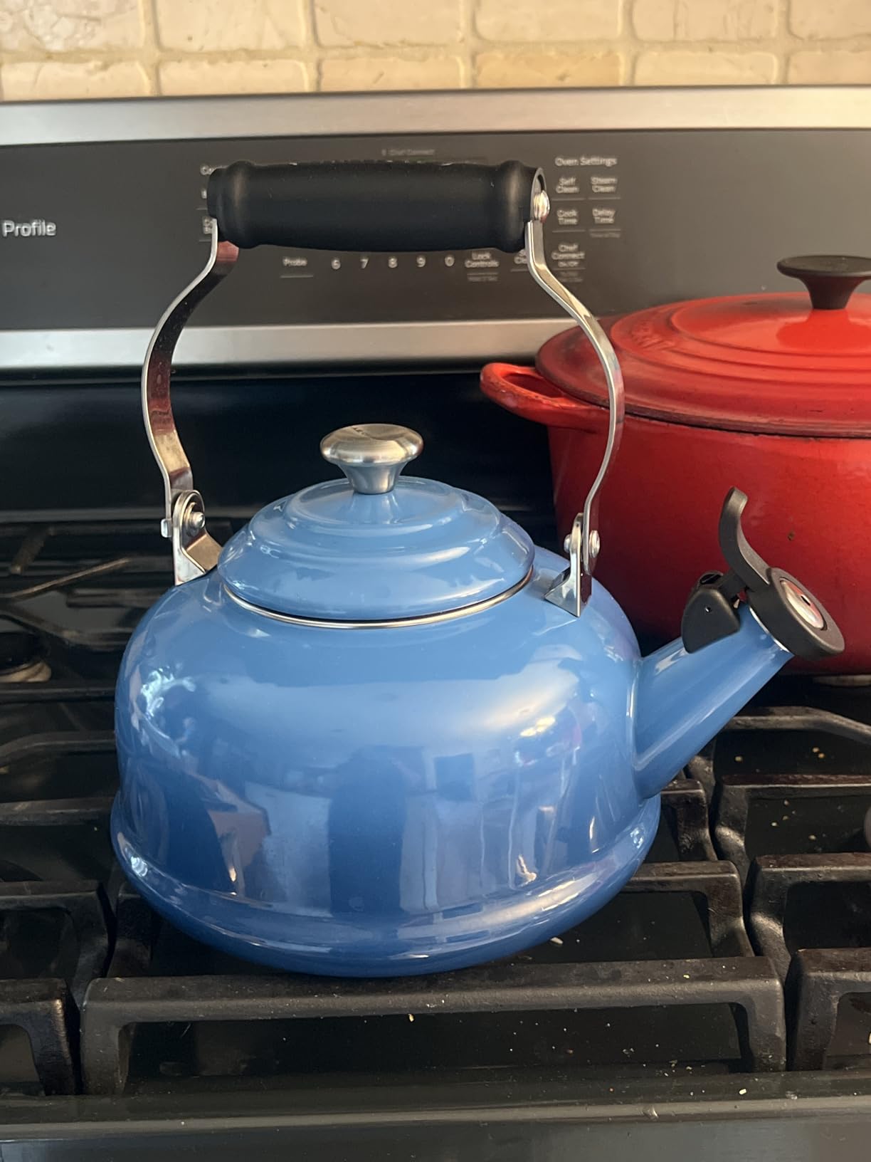Le Creuset Enamel On Steel Whistling Tea Kettle with Metal Finishes, 1.7 qt., Cerise customer photo 1