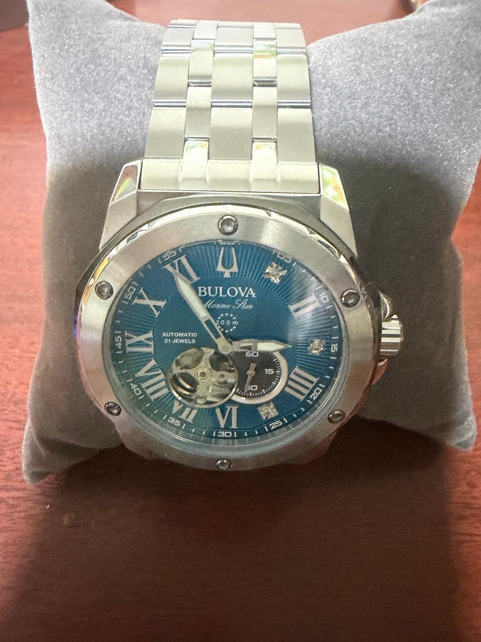 Bulova Marc Anthony Men's Automatic Marine Star Stainless Steel Watch, Open Aperture, Exhibition Case Back, Diamond Accent Blue Sunray Dial, Model: 98D184 customer photo 1