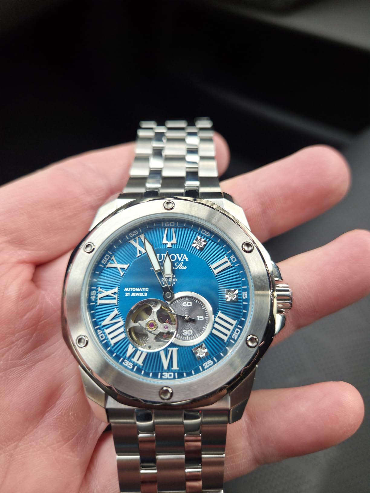 Bulova Marc Anthony Men's Automatic Marine Star Stainless Steel Watch, Open Aperture, Exhibition Case Back, Diamond Accent Blue Sunray Dial, Model: 98D184 customer photo 2