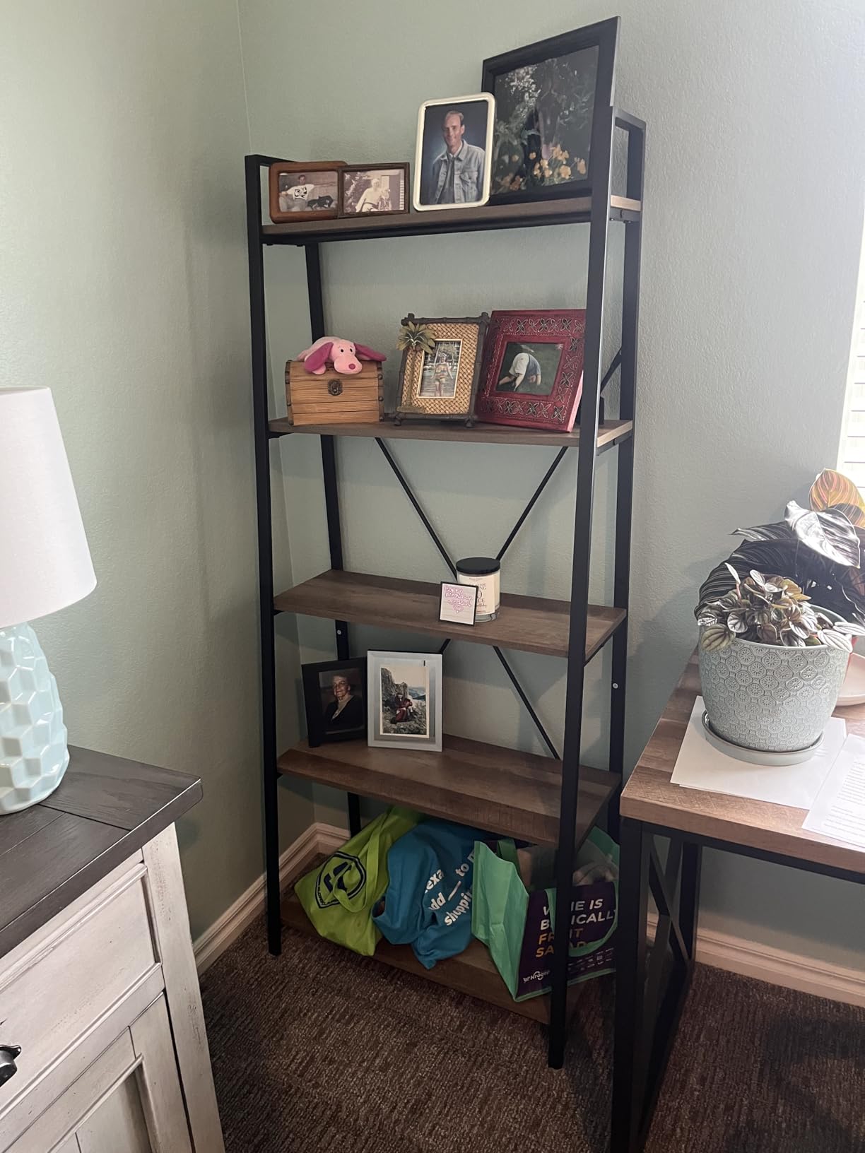 BON AUGURE Industrial Ladder Shelf Bookcase, 4 Tier Rustic Ladder Bookshelf, Standing Leaning Book Shelves for Living Room (Rustic Oak) customer photo 1