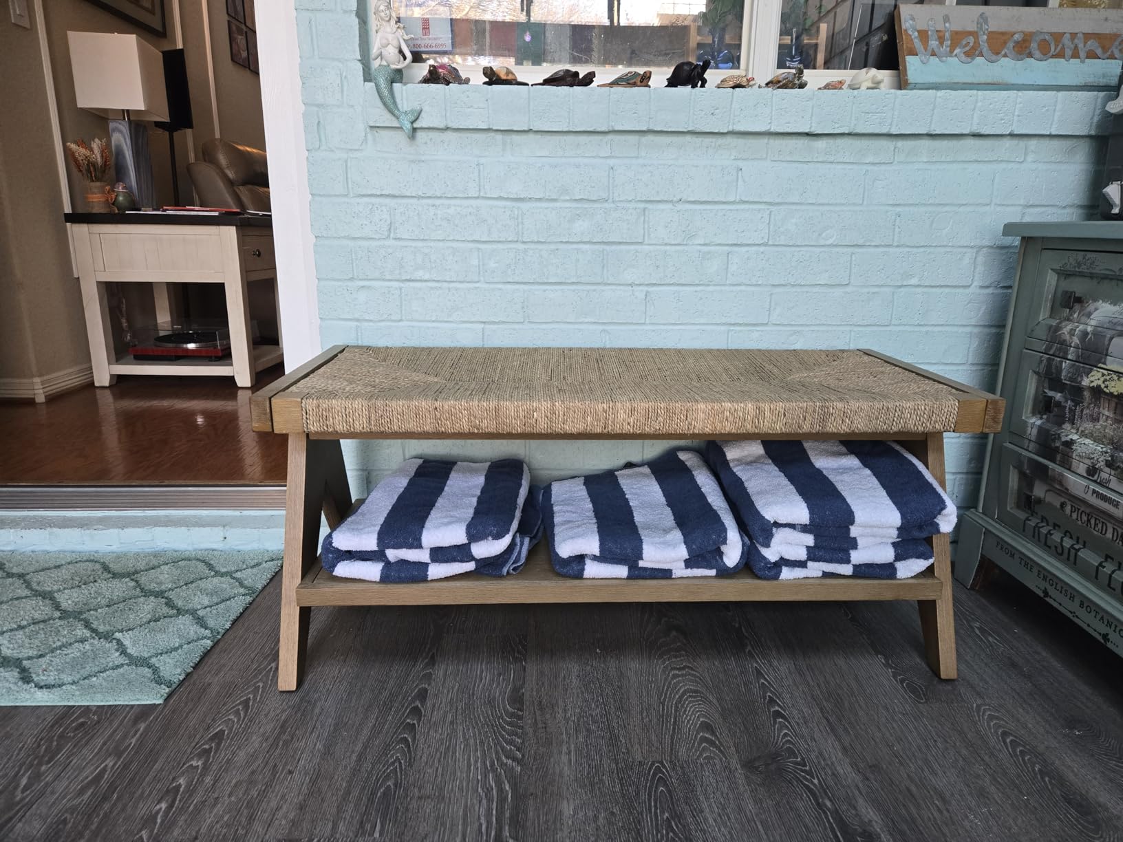 Nathan James Thatcher Upholstered Entryway Bench with Removable Boucle Cushion, Vegan Leather Straps, and Matte Black Metal Legs customer photo 1