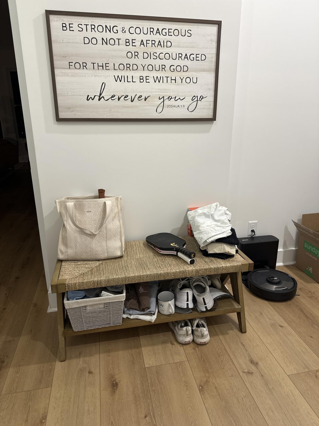 Nathan James Thatcher Upholstered Entryway Bench with Removable Boucle Cushion, Vegan Leather Straps, and Matte Black Metal Legs customer photo 2