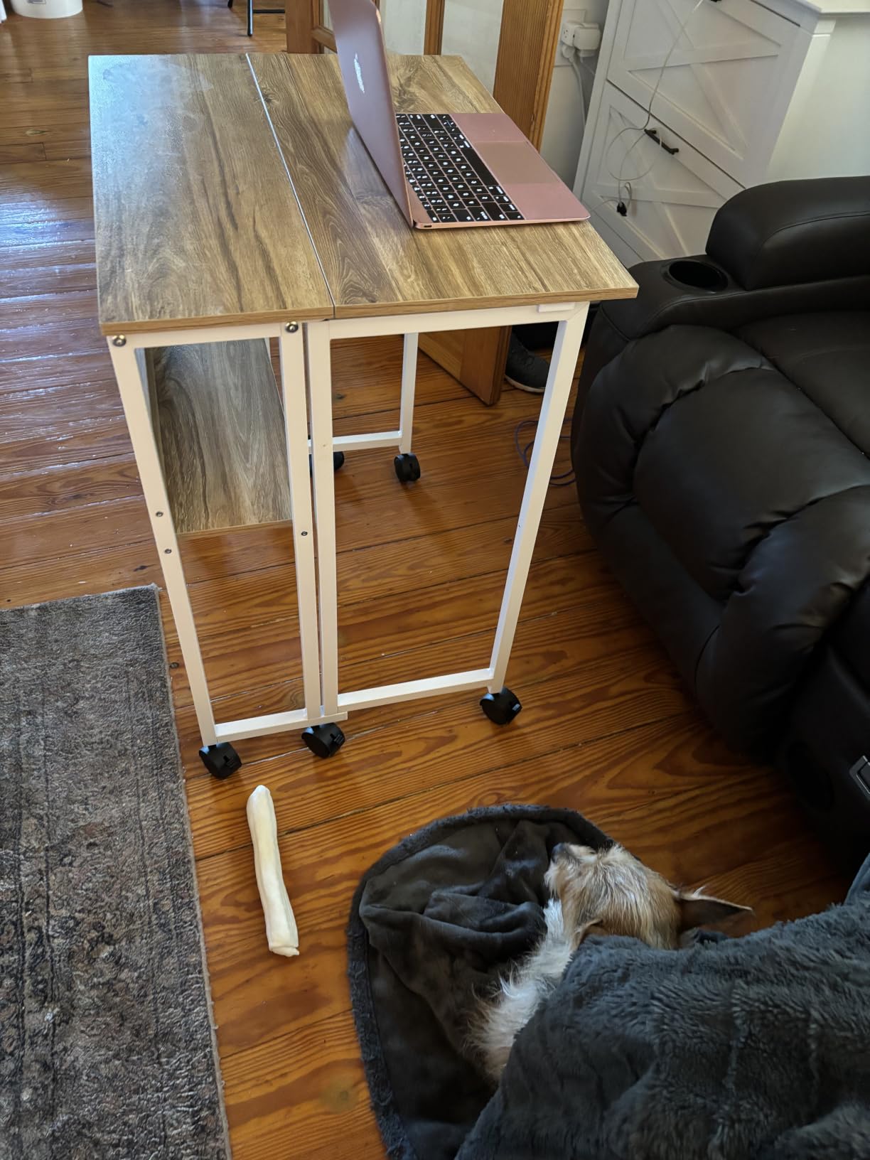 GreenForest Folding Desk with Wheels, 24.8 Inch Compact Rolling Computer Table with Storage Shelf, Portable Mobile Workstation for Small Spaces, Easy Assembly, Oak customer photo 1