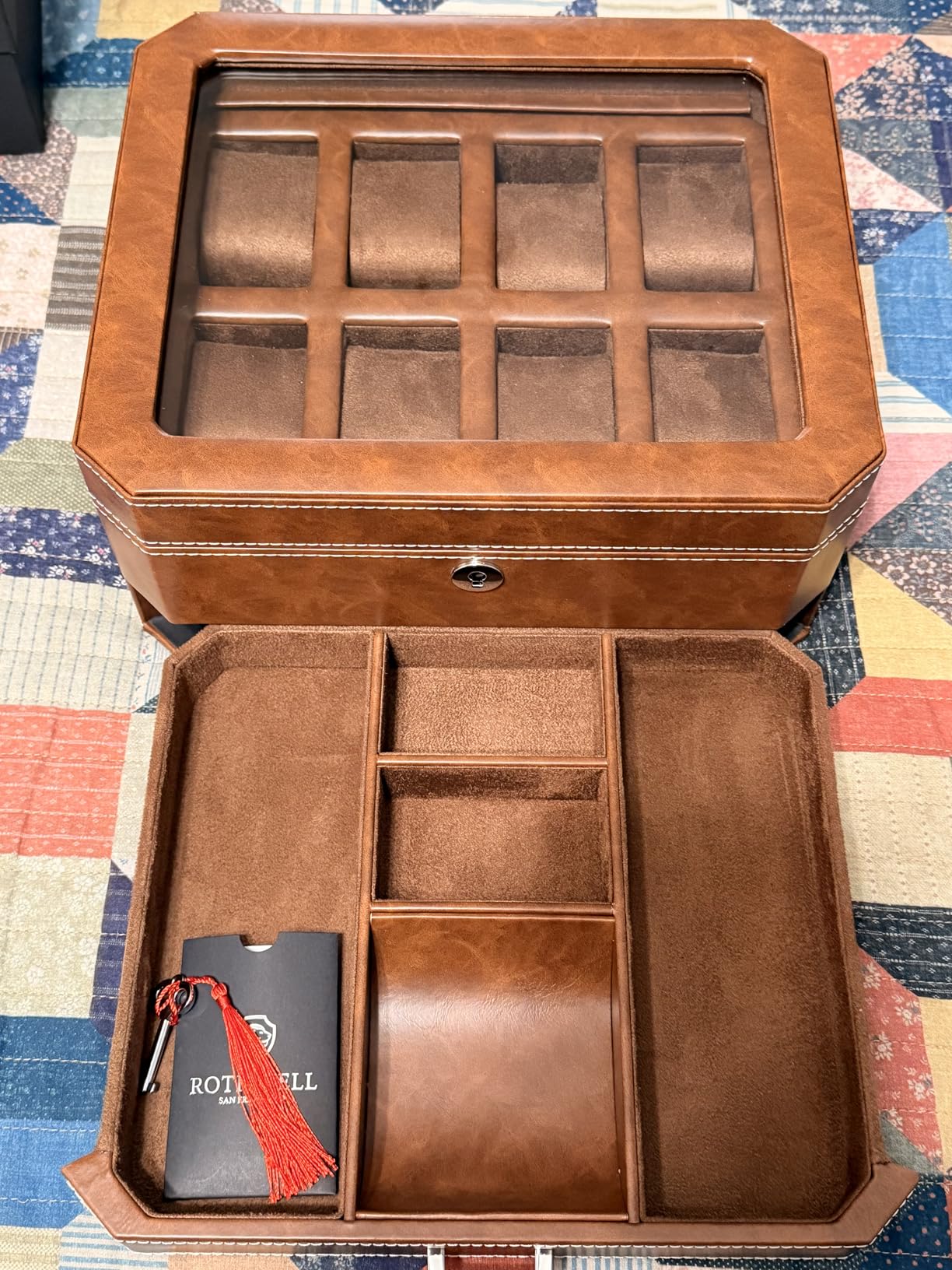 ROTHWELL 8 Slot Leather Watch Box with Valet Drawer - Luxury Case Display Jewelry Organizer, Locking Display Case Holder with Real Glass Top - Watch Box Organizer for Men & Women (Carbon) customer photo 2