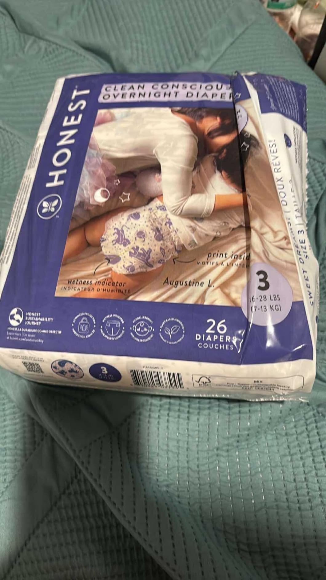 The Honest Company Comfort Dry Overnight Diapers, Up to 12 Hours Protection, Hypoallergenic, Cozy Cloud + Star Signs, Club Box Size 5 (27+ lbs), 40 Count customer photo 1