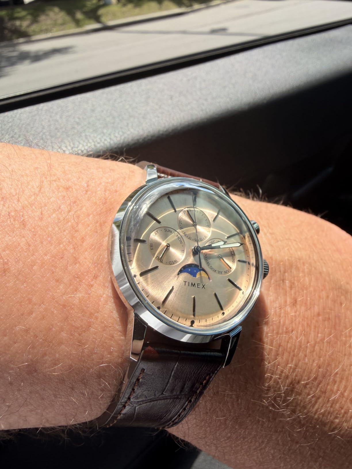 Men's Marlin Moon Phase 40mm Watch - Brown Strap Rose Gold-Tone Dial Stainless Steel Case customer photo 1