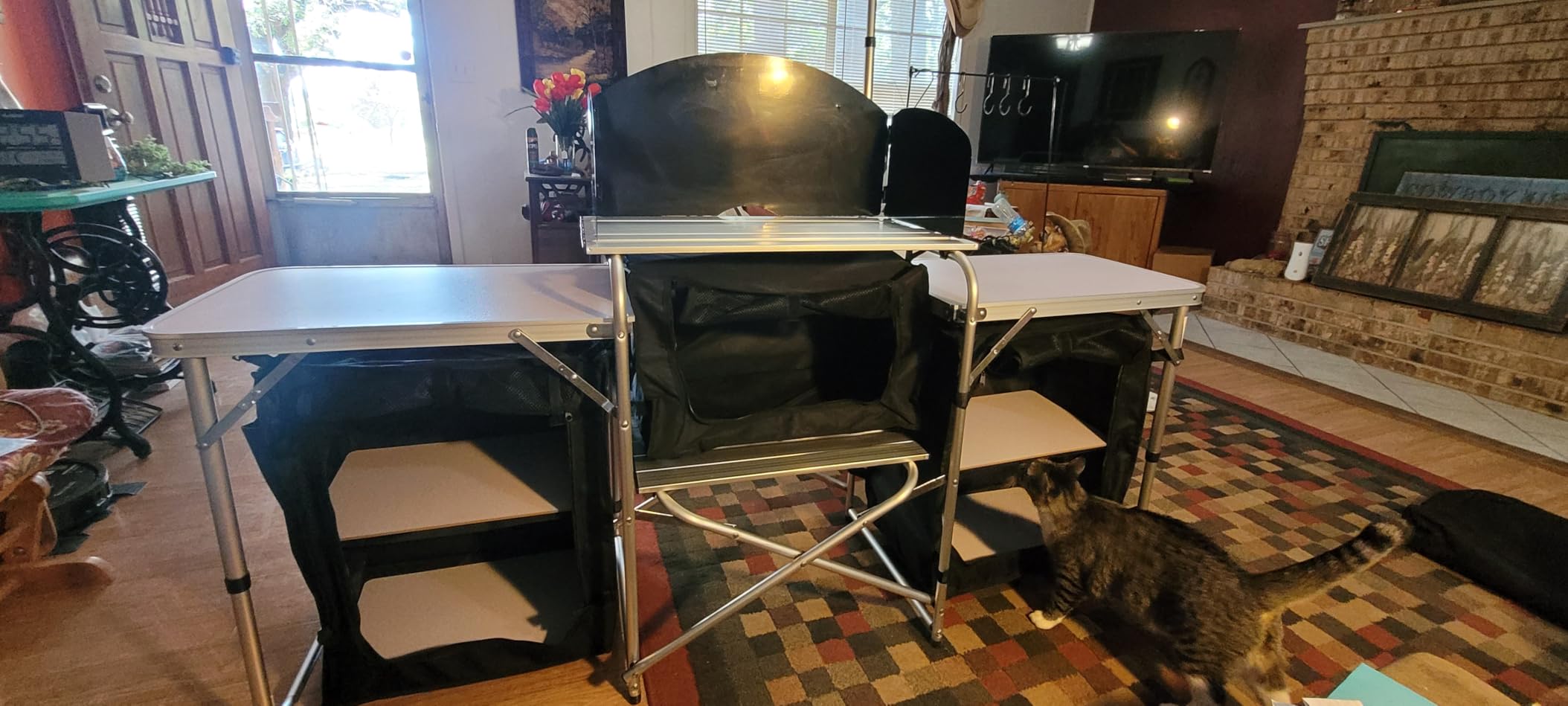 Outsunny Camping Kitchen Table, Portable Folding Camp Kitchen, Aluminum Cook Station with 3 Fabric Cupboards, Windshield, Carrying Bag for BBQ, RV, Picnic, Black customer photo 1
