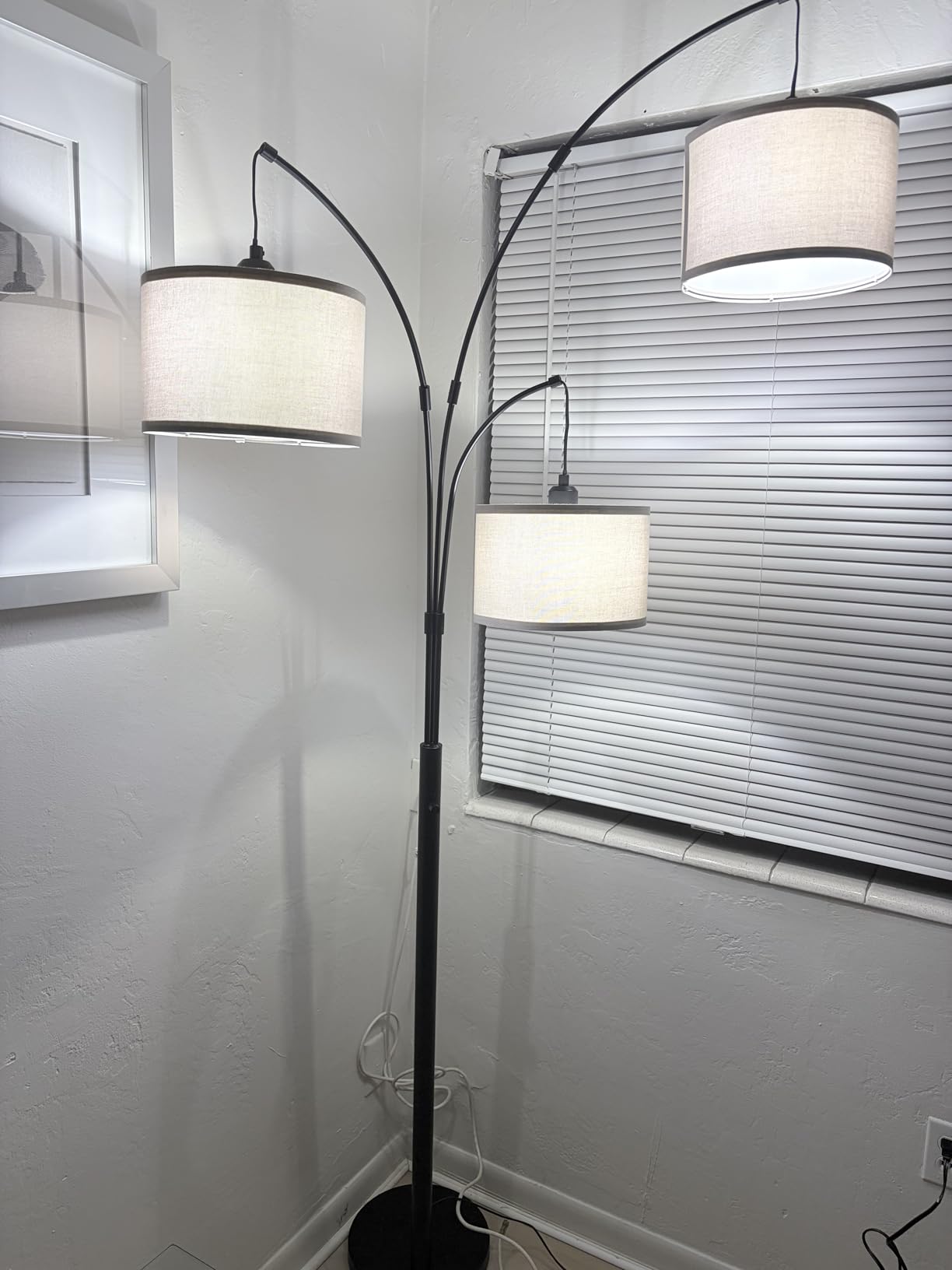 Dimmable Floor Lamp, 3 Lights Black Arc Floor Lamp, Modern Tall Standing Tree Lamp with Grey Linen Shades & Heavy Base, 3000LM LED Bulbs, Bright Lighting for Living Room, Bedroom, Office & Reading customer photo 2