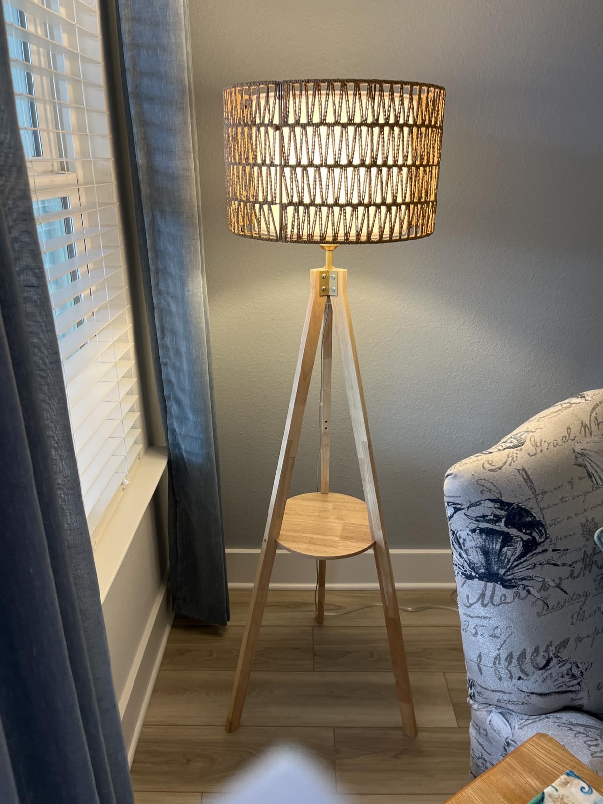 LAMSU Boho Tripod Floor Lamp with Shelves, Mid Century Wood Standing Lamp with Rattan & Fabric Shades, ON/Off Foot Switch, Modern Farmhouse Tall Floor Lamps for Living Room Bedroom Office customer photo 1