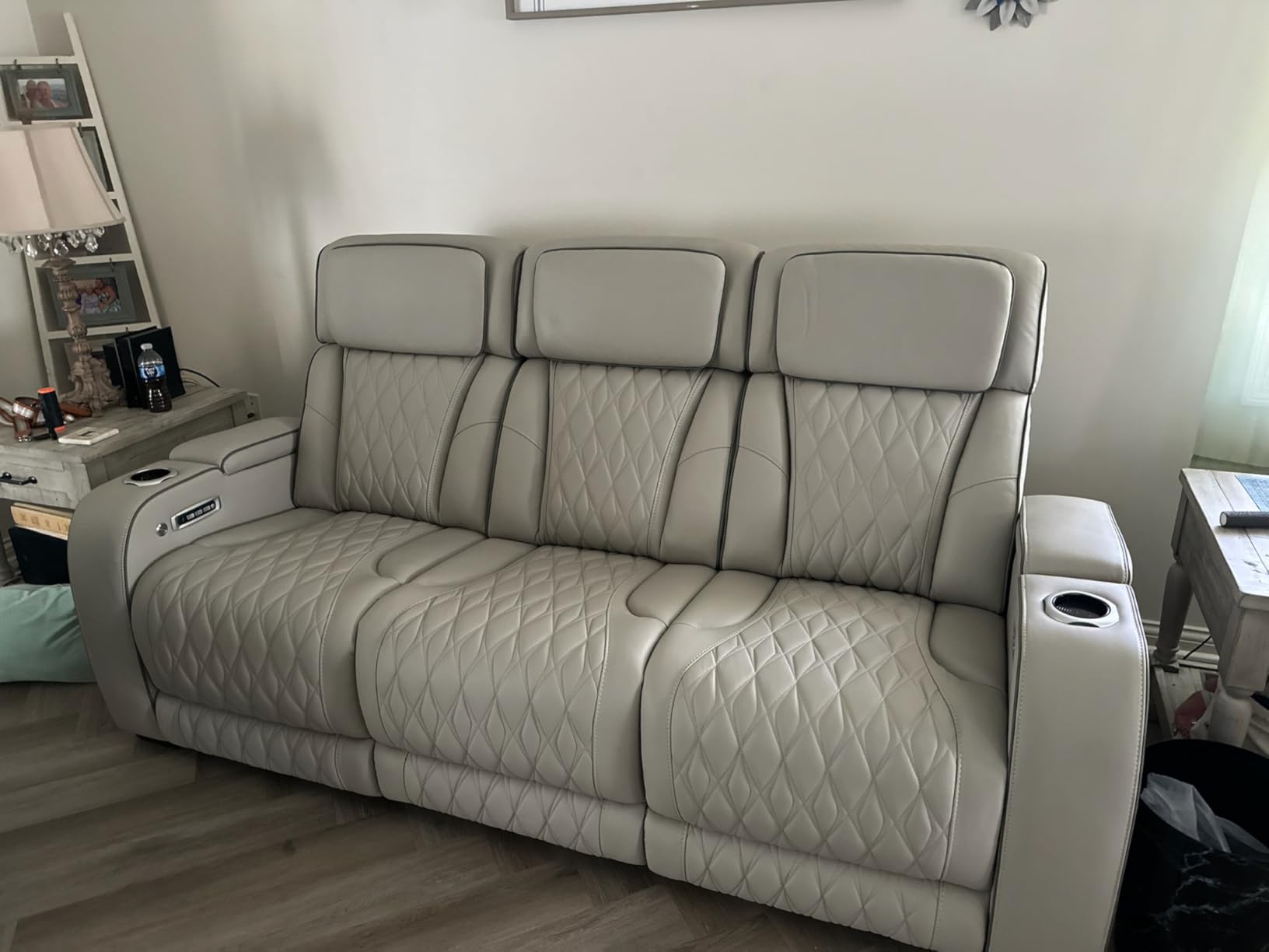 Signature Design by Ashley Boyington Contemporary Leather Match Power Recliner with Adjustable Headrest, Cup Holders, USB Port and Air Massage System, Light Gray customer photo 1