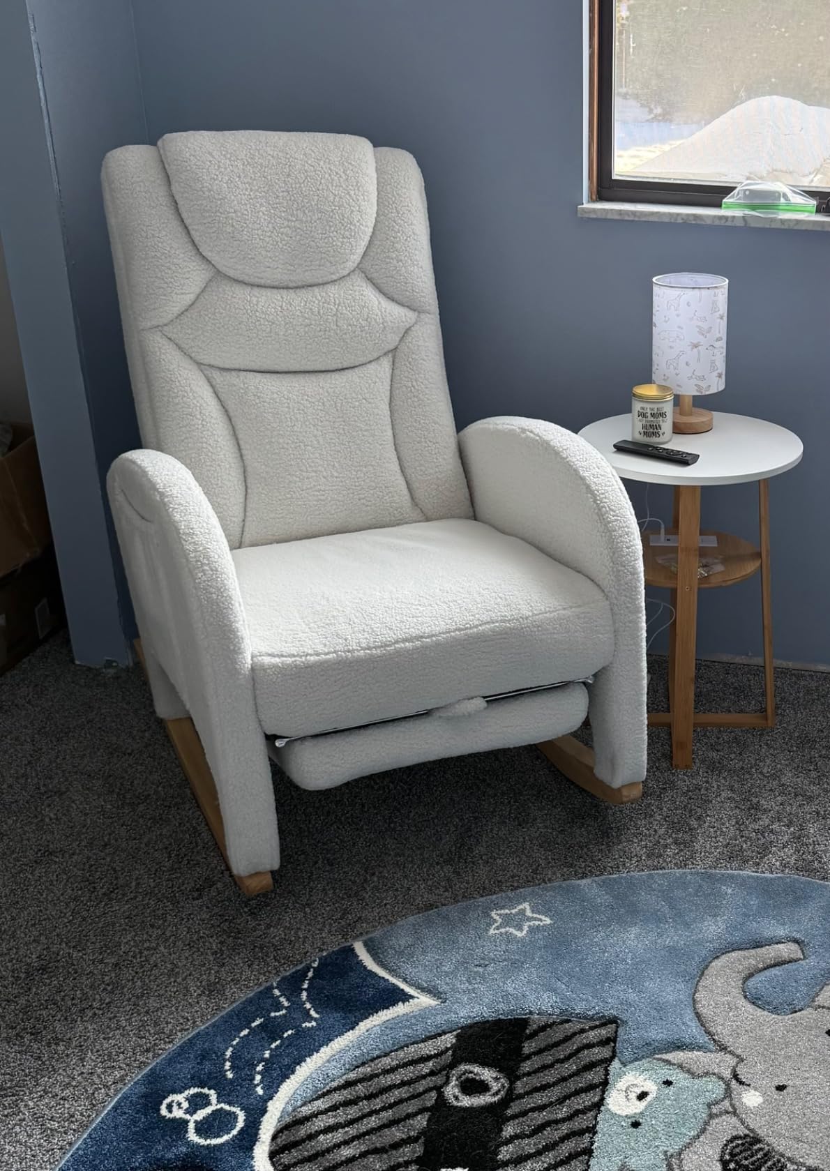 FOXHUNTER Rocking Chair Nursery, Modern Glider Chair with Adjustable Footrest and Solid Wood Legs, High Backrest Nursery Chair with Side Pocket, Rocker Armchair for Living Room Bedroom, Teddy Ivory customer photo 1