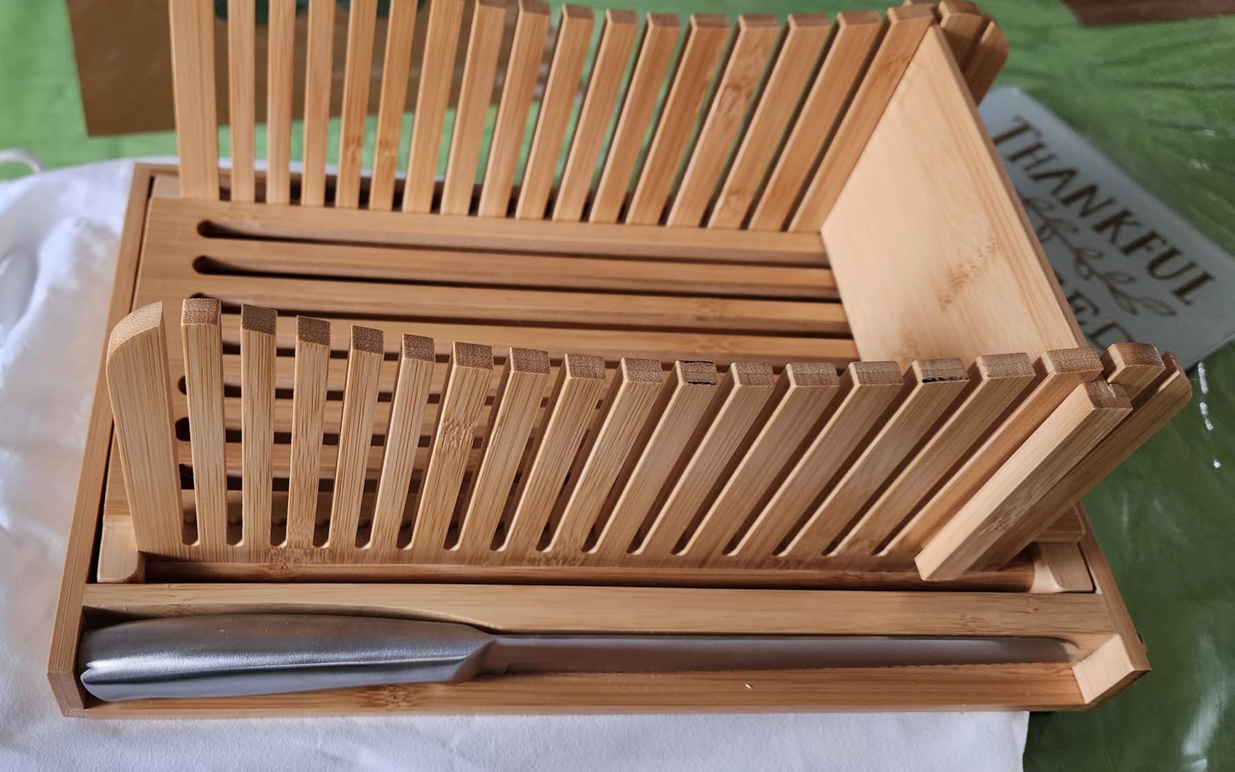 Bambusi Bread Slicer for Homemade Bread - Upgraded Adjustable Bamboo Bread Cutter Board, Foldable Slicing Guide with Crumb Tray for Sourdough, Artisan Loaves, Bagels, Cakes, Bakery Kitchen Gadget Gift customer photo 2