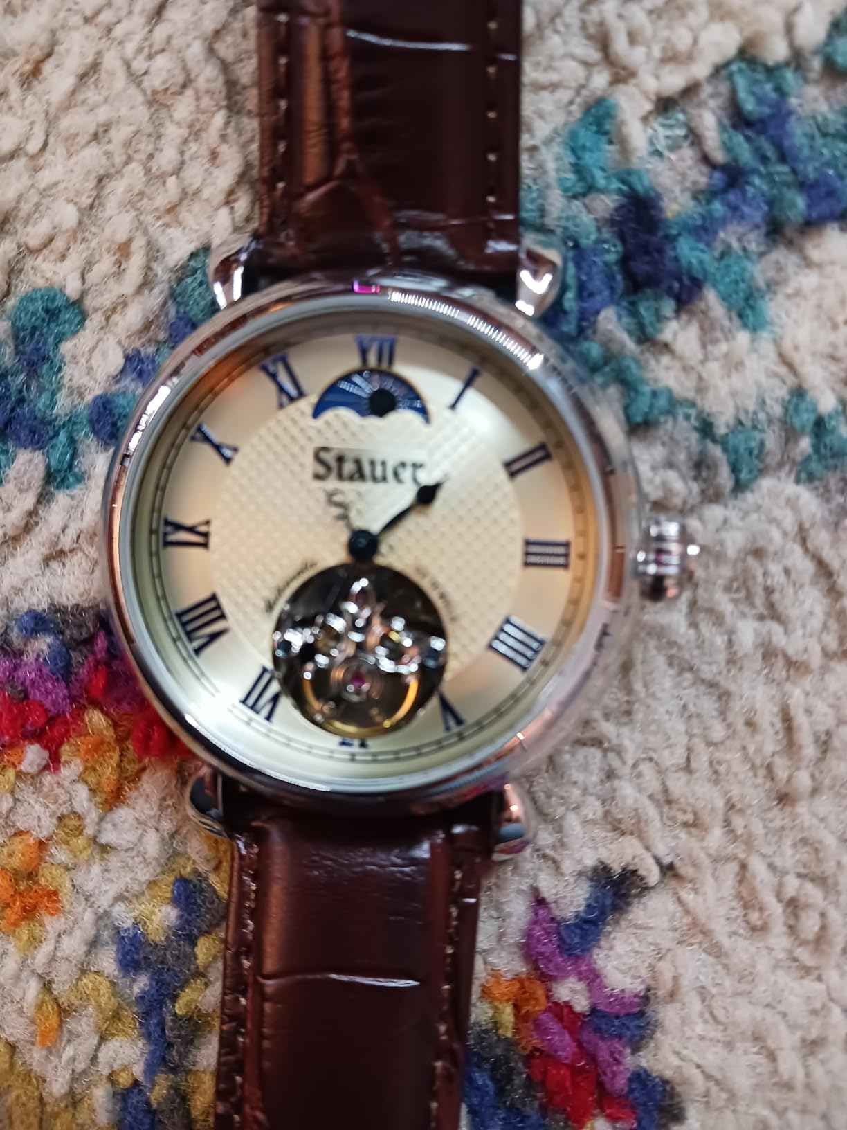 Copernicus Open Heart Automatic Watch for Men - 42mm Case, Guilloche Face and Blue Roman Numeral Hands, Sun-Moon Dial and Brown Leather Strap customer photo 1