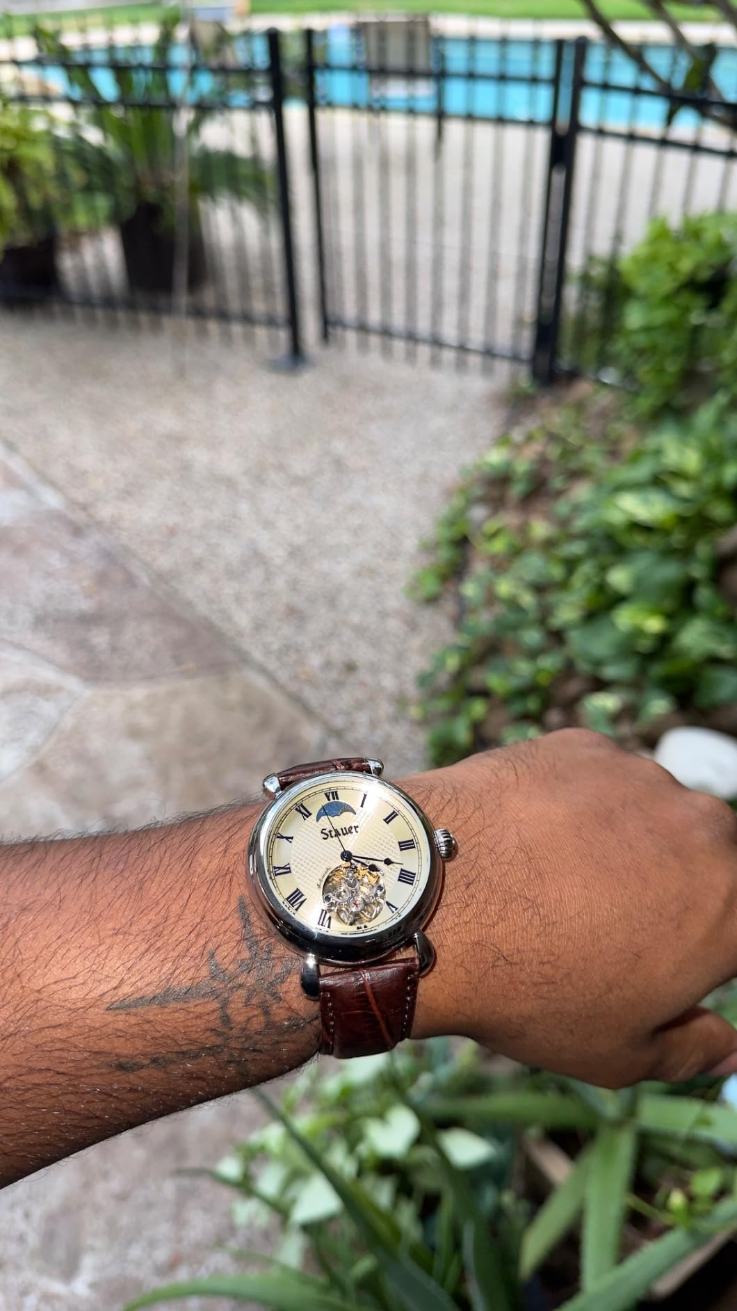 Copernicus Open Heart Automatic Watch for Men - 42mm Case, Guilloche Face and Blue Roman Numeral Hands, Sun-Moon Dial and Brown Leather Strap customer photo 2