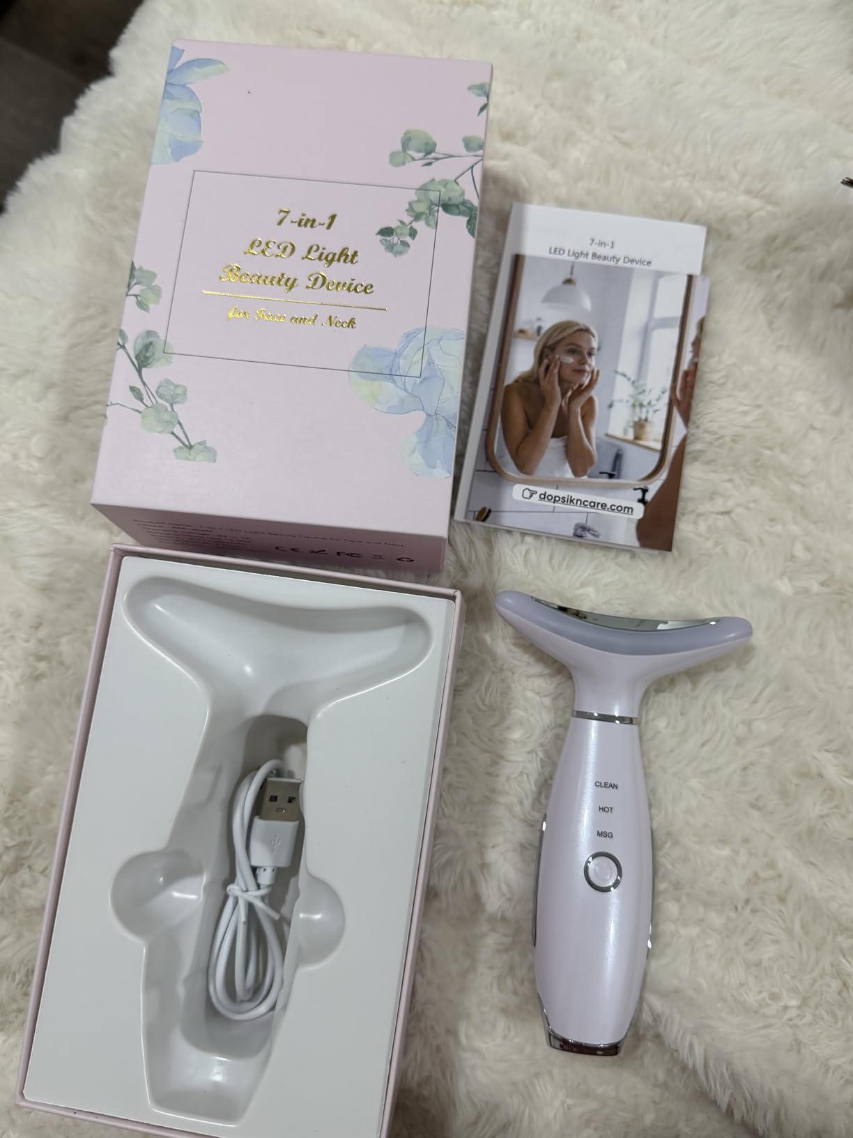 Dopsikn 7 Color Galvanic Machines - Red Light Therapy for Face and Neck, Face Massager Tool for Wrinkles, Double Chin, Vibrating Facial Massager with Thermals, White customer photo 2