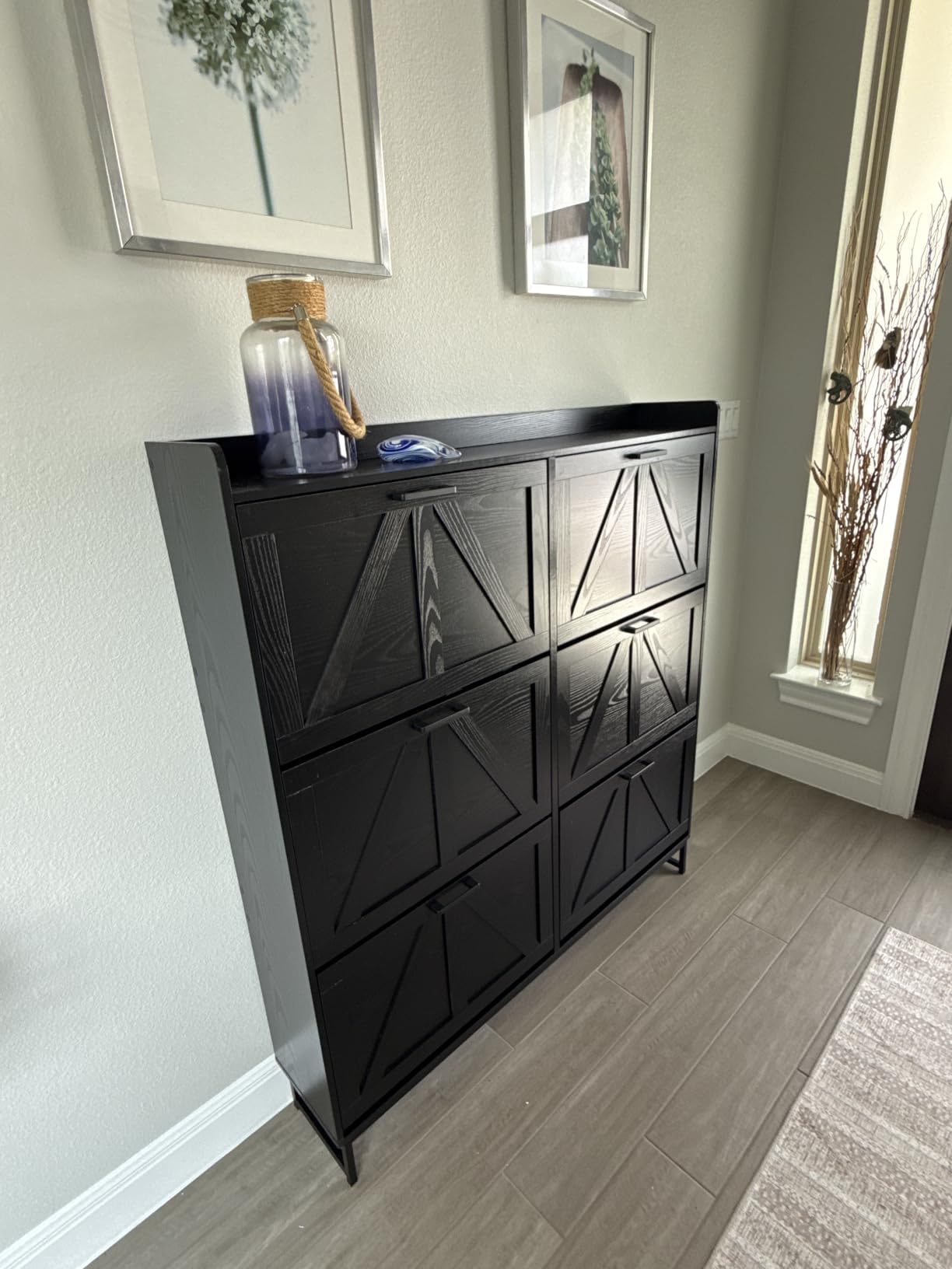 Shoe Cabinet with 2 Flip Drawers, Freestanding Hidden Shoe Storage Organizer for Entryway, Narrow Slim Shoe Rack Cabinet with Open Storage & Hooks for Front Door Entrance, Living Room, Hallway, Black customer photo 1