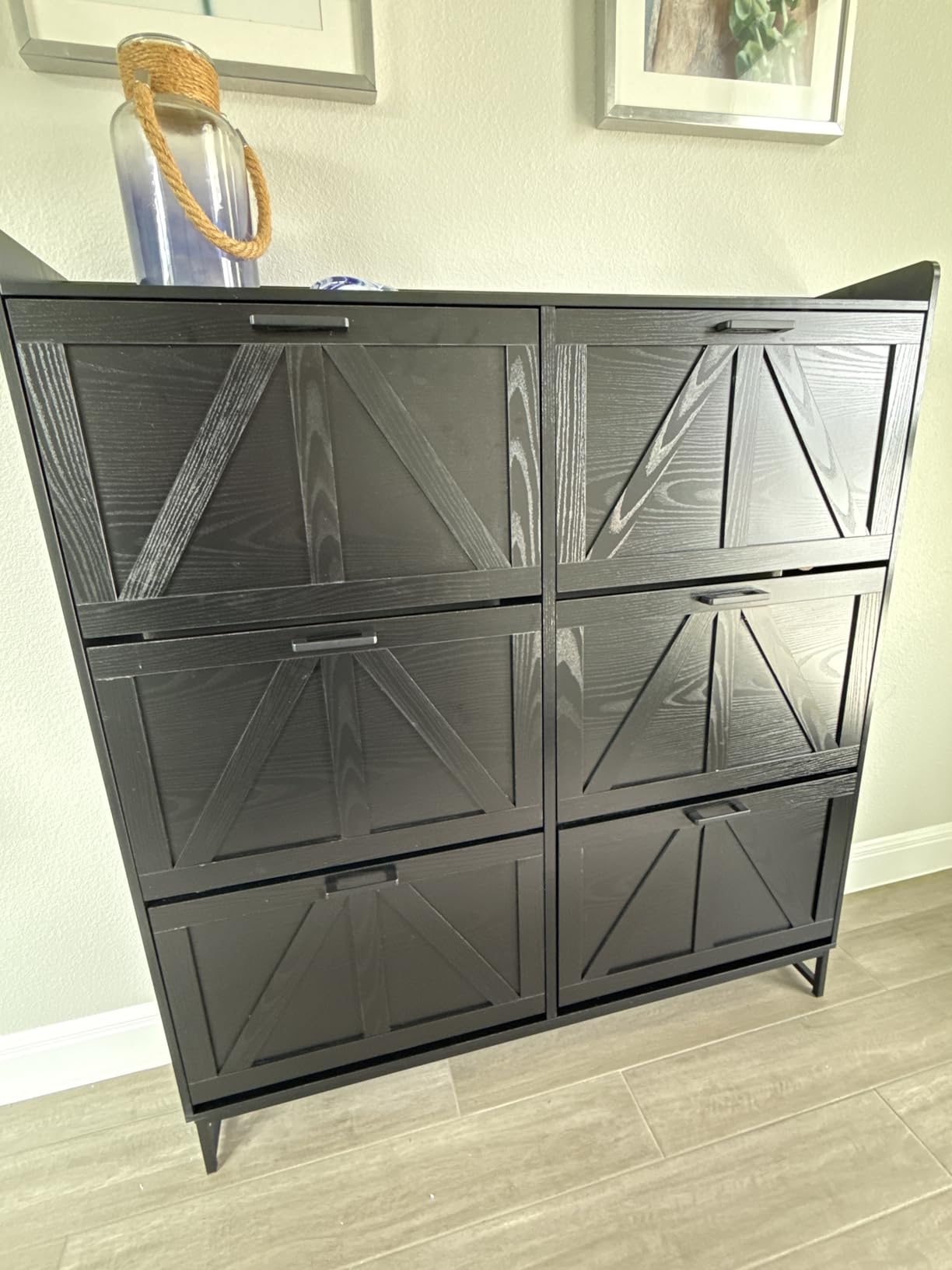Shoe Cabinet with 2 Flip Drawers, Freestanding Hidden Shoe Storage Organizer for Entryway, Narrow Slim Shoe Rack Cabinet with Open Storage & Hooks for Front Door Entrance, Living Room, Hallway, Black customer photo 2