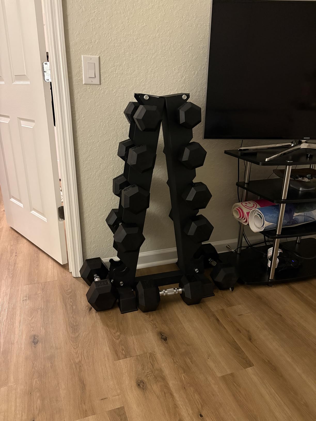 HANDBODE Rubber Coated Hex Dumbbell Set with A-Frame Rack, 100 lb - 550 lb Multiple Options Weight, Hexagon Non-Rolling Shape, Ergonomic Knurled Handle, Home Gym Equipment for Strength Training customer photo 1