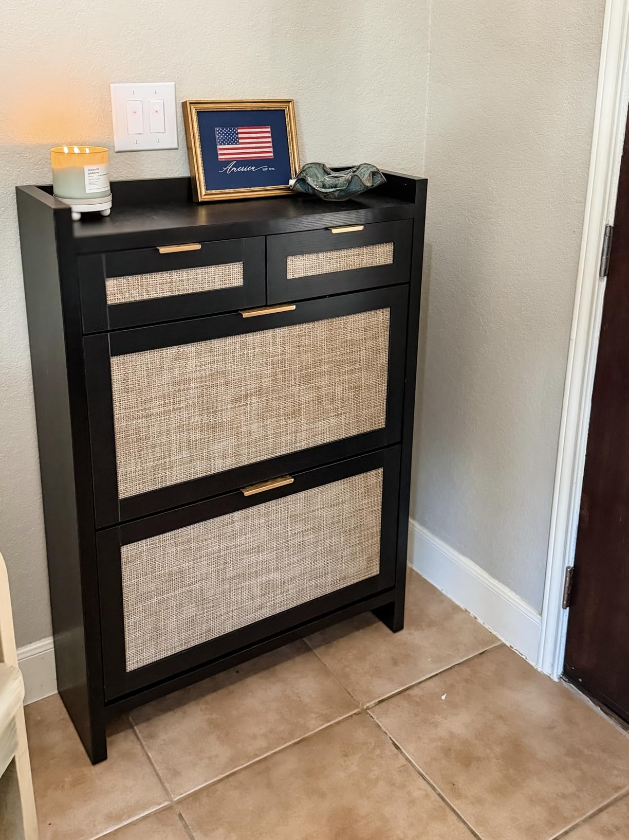 HOKYHOKY Rattan Shoe Storage Cabinet with 2 Drawers & 2 Flip Drawers - Hidden Slim Shoe Organizer for Entryway, Large Tabletop Space, Farmhouse Boho Narrow Shoe Rack, Rustic Oak customer photo 1