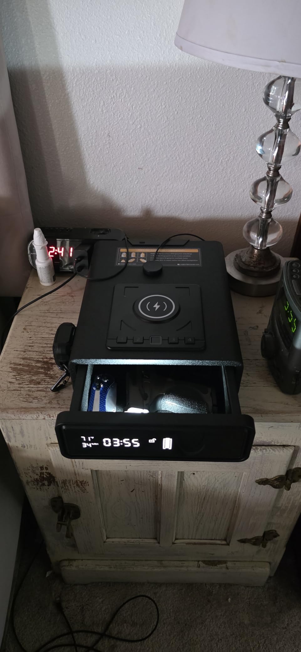 ORARAER Biometric Smart Gun Safe with Wireless Charging, 3 Quick Access Money Box with Fingerprint - Compact Bedside Drawer Safe, 24/7 Digital Clock handgun safe,Gifts for Father's Day customer photo 2