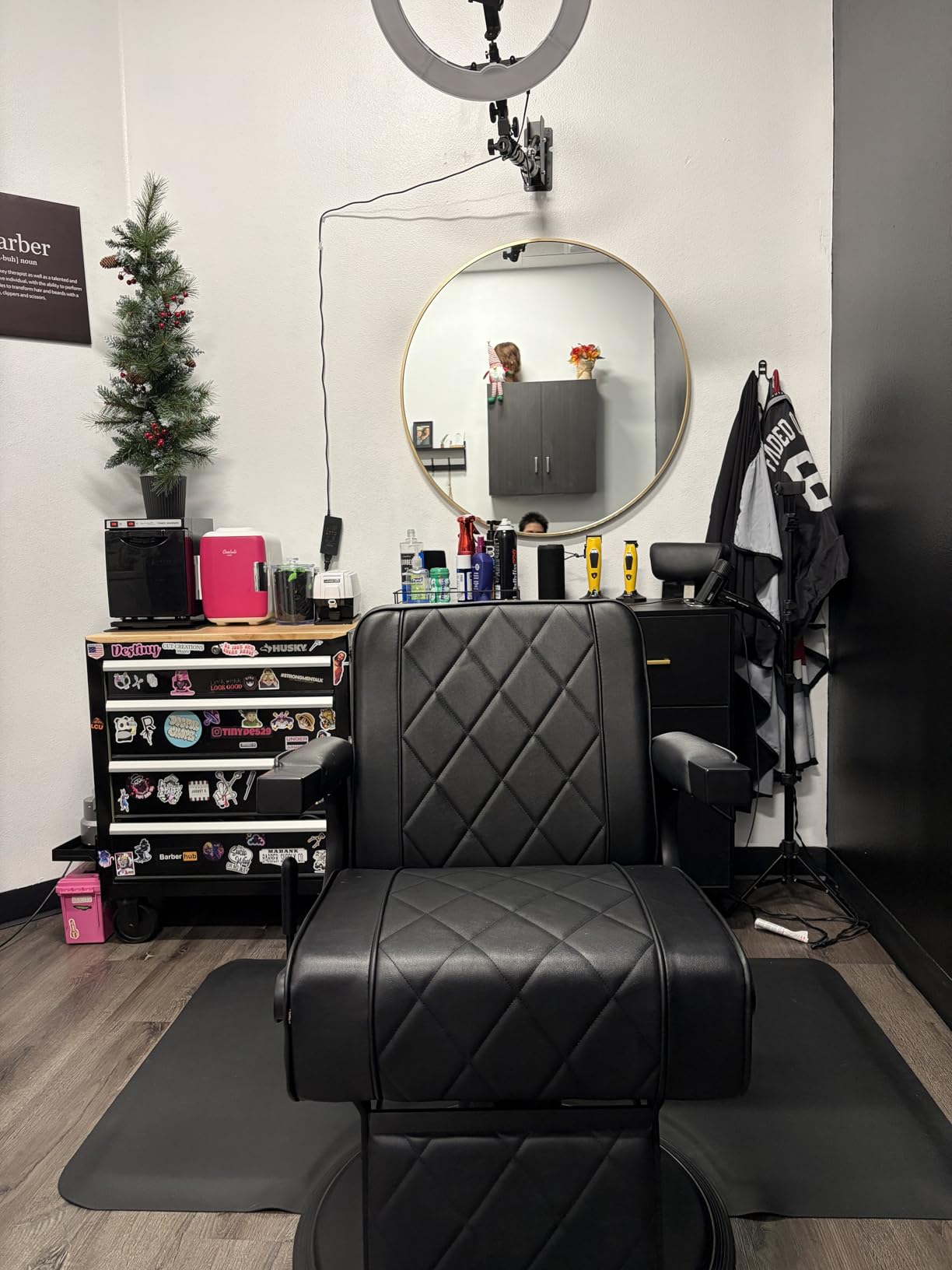 OmySalon Salon Station for Hair Stylists, Barber Free Standing Styling Cabinet with 3 Drawers, Square Mirror & Hair Dryer Holders, Modern Black Gold Beauty Dresser for Salon, Spa, Home customer photo 1