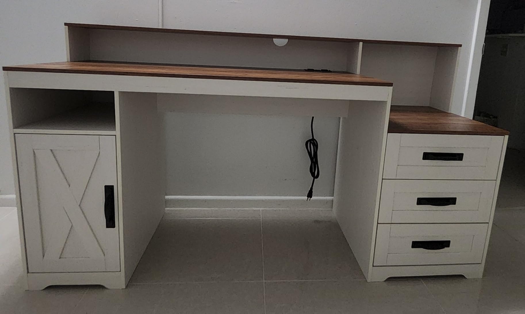 TVU Farmhouse Computer Desk with Drawers, 65'' Home Office Desk with Power Outlets, Storage Cabinet and Printer Stand, Study Writing Desks with Long Monitor Stand, Brown and White customer photo 2