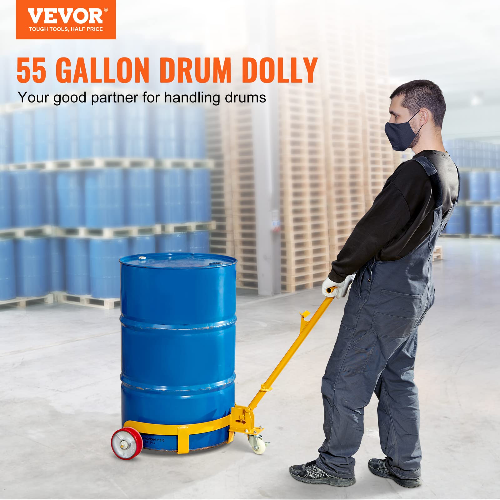 VEVOR 55 Gallon Drum Dolly, 1,200 Pounds Capacity Oil Drum Cart with 3 Smooth-Rolling Wheels and Labor-Saving Handle, Heavy Duty Q235 Steel Barrel Drum Dollies for Garages Warehouse Workshop customer photo 2