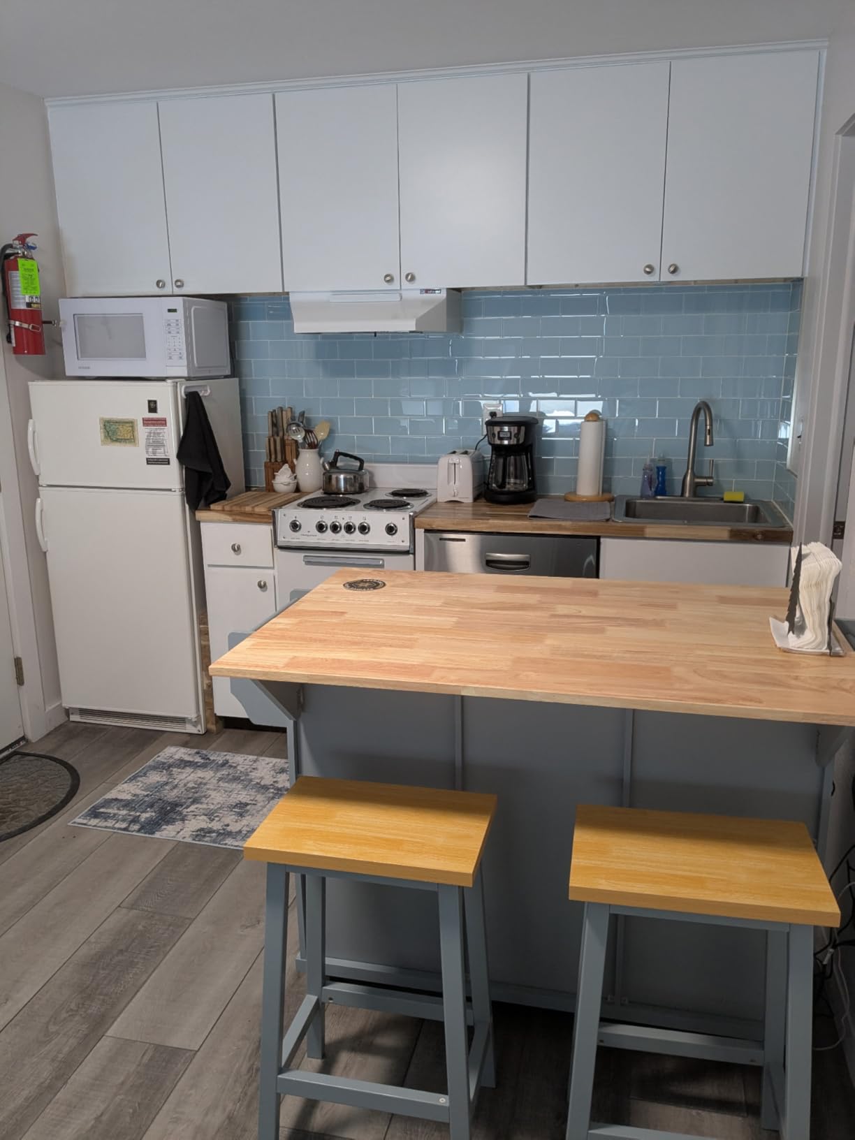 Rolling Kitchen Island with 2 Bar Stools, Drop Leaf, Cabinet Door Storage Racks & 3 Drawers, Mobile Kitchen Cart with Rubberwood Top & Locking Wheels for Dining Room & Kitchen, 53-Inch, Grey Blue customer photo 2