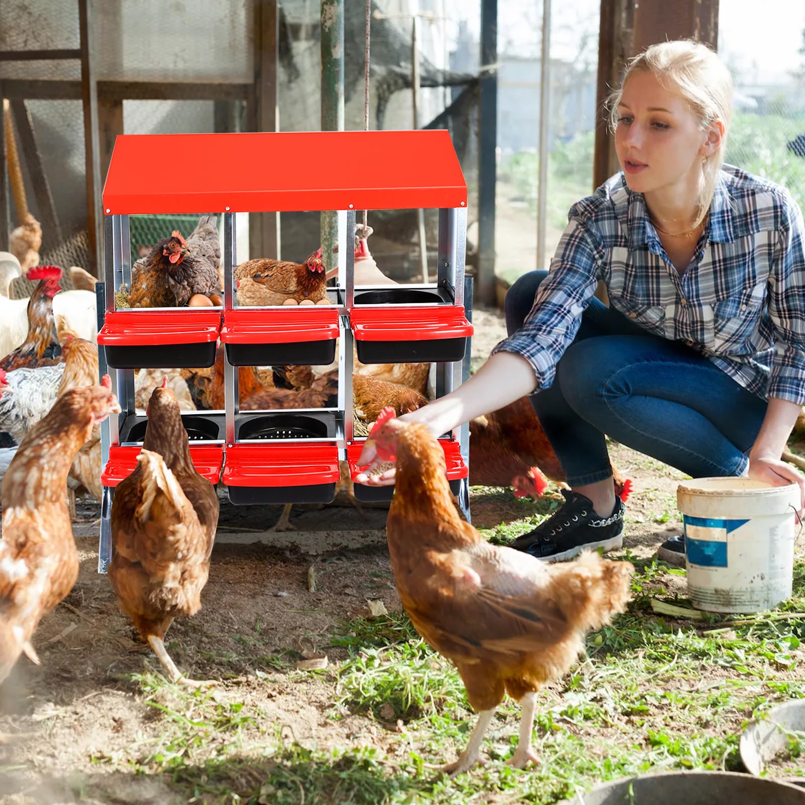 Nesting Boxes for Chickens, Chickens Laying Boxes for Chicken Coop with Legs, 6 Compartments Chicken Nesting Boxes with Removable Tray, Easy Cleaning, for Hens Outdoor Chicken Coop Farm Yard, Red customer photo 2