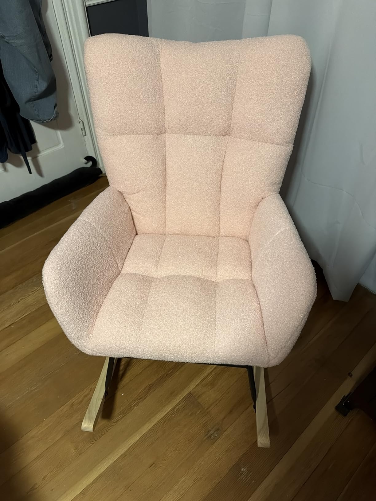 DUMOS Nursery Rocking Chair Teddy Upholstered, Comfy Glider Rocker with High Backrest Armchair Padded Seat, Accent Side Chair for Living Room Bedroom Offices Small Spaces Indoor, Pink customer photo 1