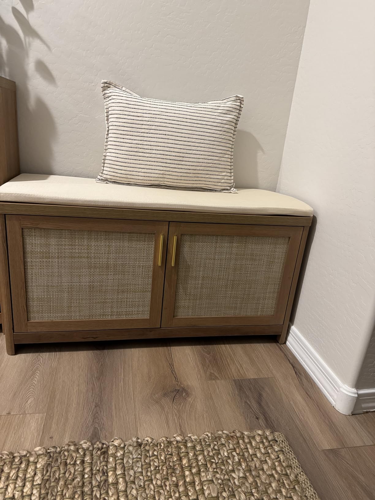 VASAGLE ELLAN Collection - Boho Shoe Bench with Cushion, Entryway Storage Bench with 2 Rattan-Look Cabinet Doors, Rounded Corners, Adjustable Shelf, for Bedroom Under Window, Natural Brown ULSB501KC01 customer photo 1