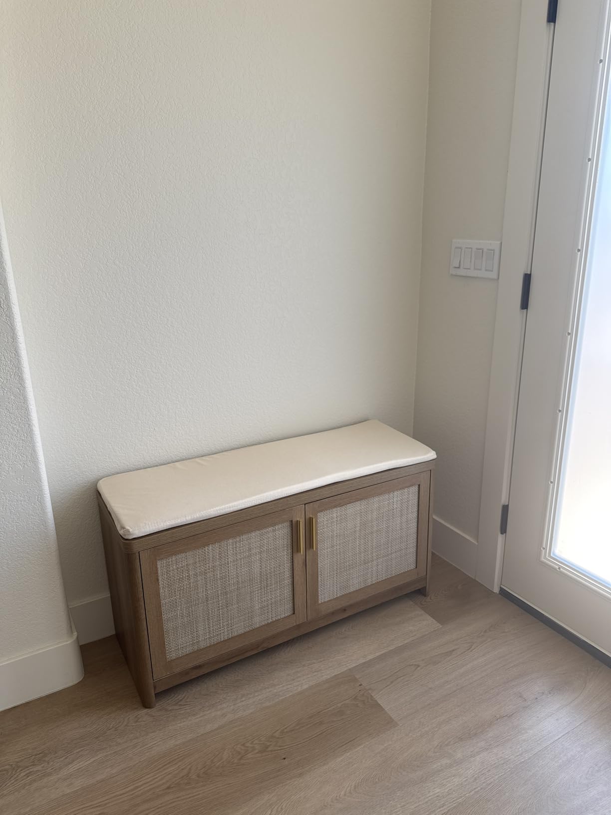 VASAGLE ELLAN Collection - Boho Shoe Bench with Cushion, Entryway Storage Bench with 2 Rattan-Look Cabinet Doors, Rounded Corners, Adjustable Shelf, for Bedroom Under Window, Natural Brown ULSB501KC01 customer photo 2