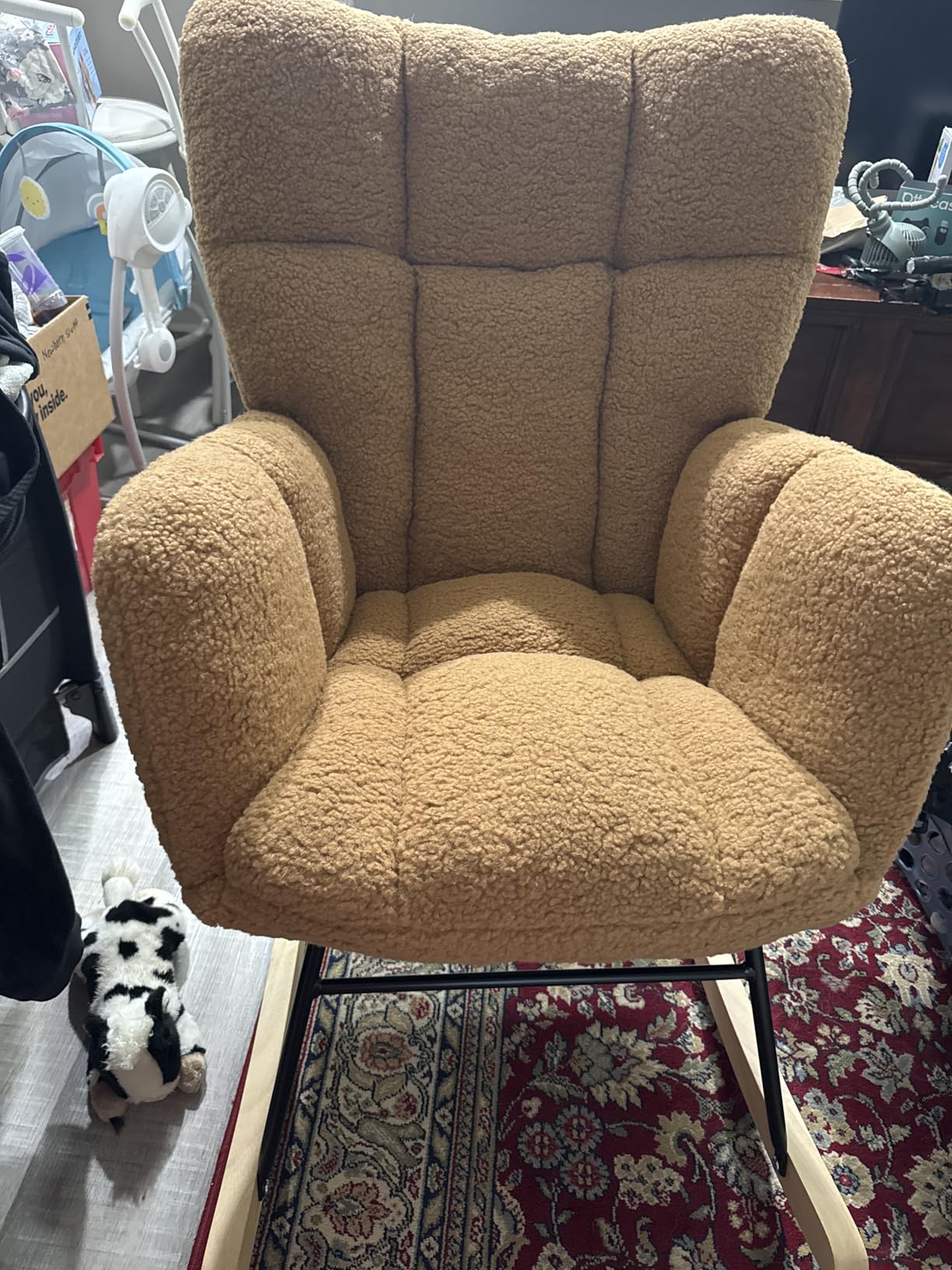 Nursery Rocking Chair, Teddy Upholstered Glider Chair with Thick Cushion, Tufted Gliding Rocker Chair with Wood Leg, Cozy Rocking Armchair, Accent Rocking Chair for Living Room (Ivory) customer photo 1
