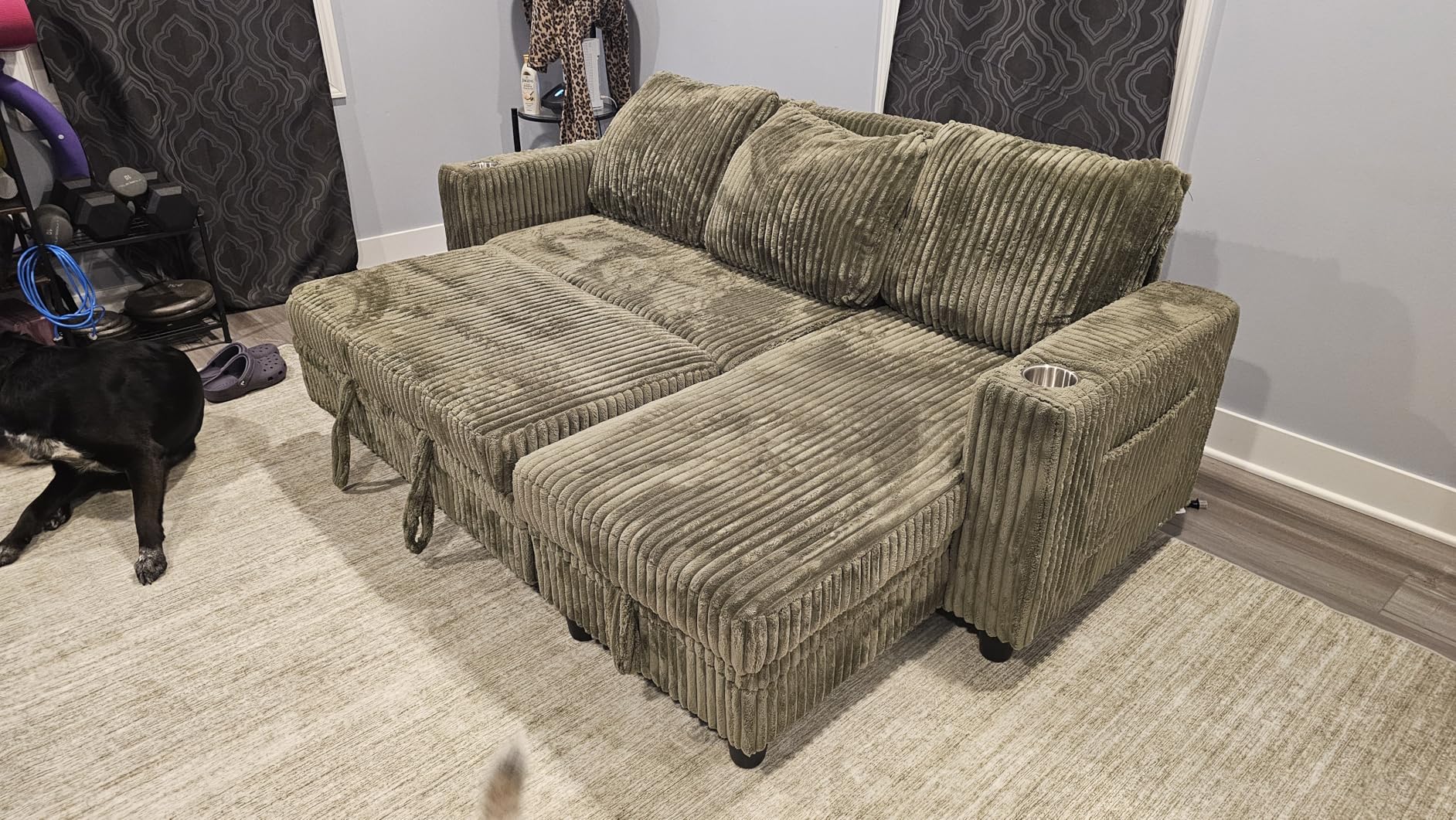 LINSY HOME Sectional Sofa with Pull Out Bed, 6 Seats Corduroy Reversible Sleeper Sofa with Storage Seats & Chaises, USB Ports, Cup Holders, Side Pocket, Sectional Couches for Living Room, Green customer photo 2
